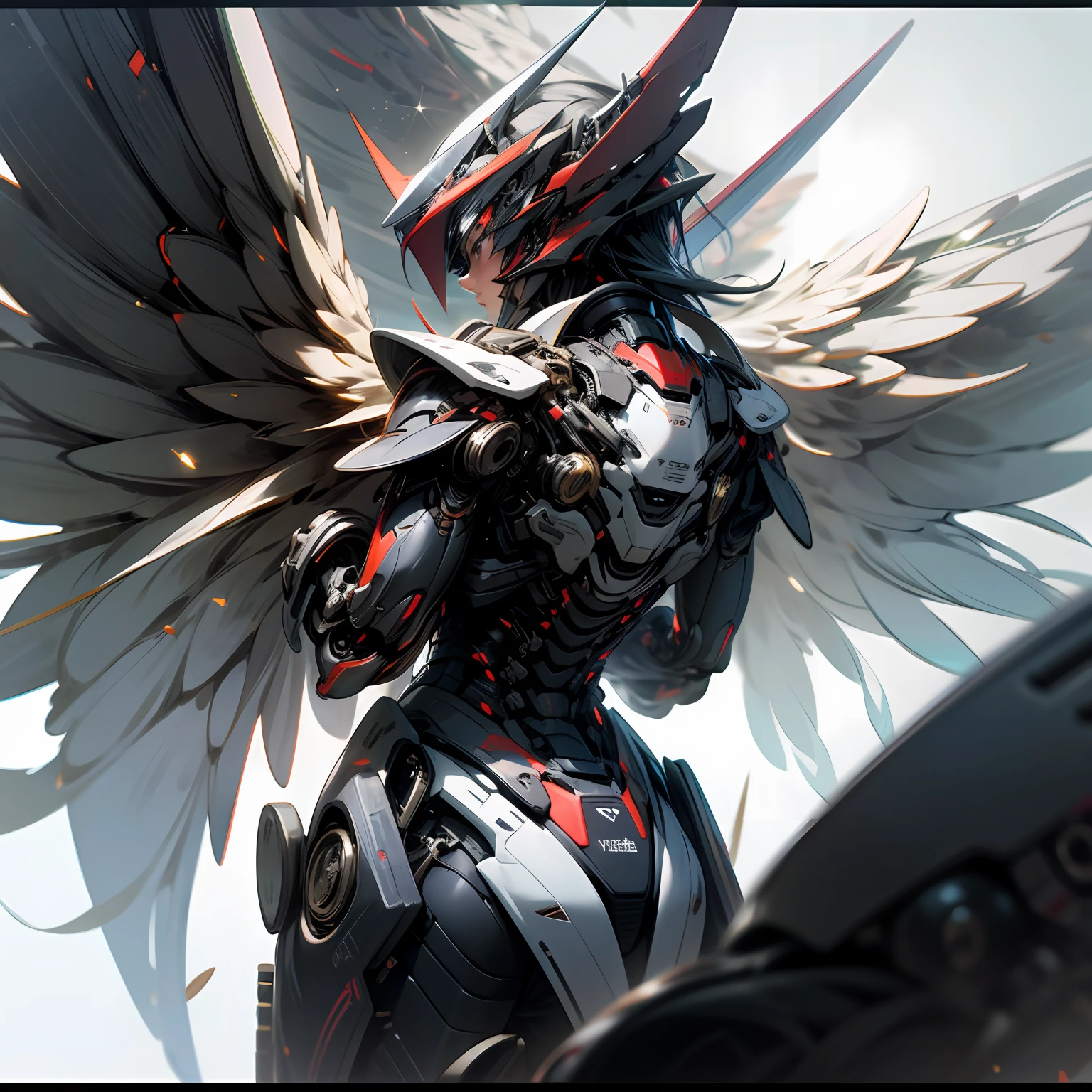 sparkle, ray tracing, UHD, masterpiece, super detail, high details, high quality, award winning, best quality, highres,Red-black mech,Holding a tech katana,There are mechanical wings on the back --auto