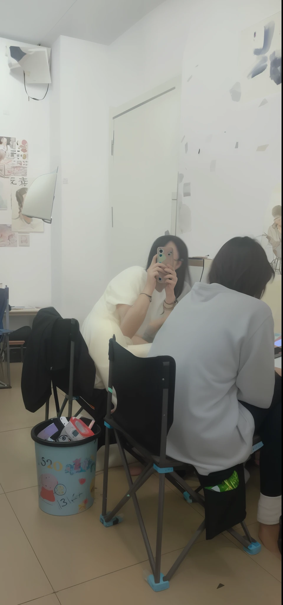 there are two women sitting at a table talking on their cell phones, in white room, Making of, female emo art student, Art student, low quality photo, In a studio, very poor quality of photography, model painting, chinese artist, hard lighting!, low quality photo, inspired by Zhang Xuan, very very low quality picture, photoshoot, blurry photo, Portrait!!!!!!