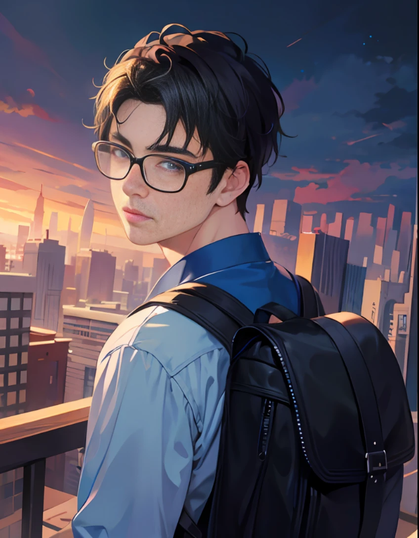 a close up of a person with a backpack on a balcony, young anime man, with square glasses, With glasses, Guviz-style artwork, style anime, Male anime style, anime realism style, Handsome anime pose, realistic anime artstyle, Tall anime guy with blue eyes, Realistic anime art style, wearing black glasses, wears glasses --auto