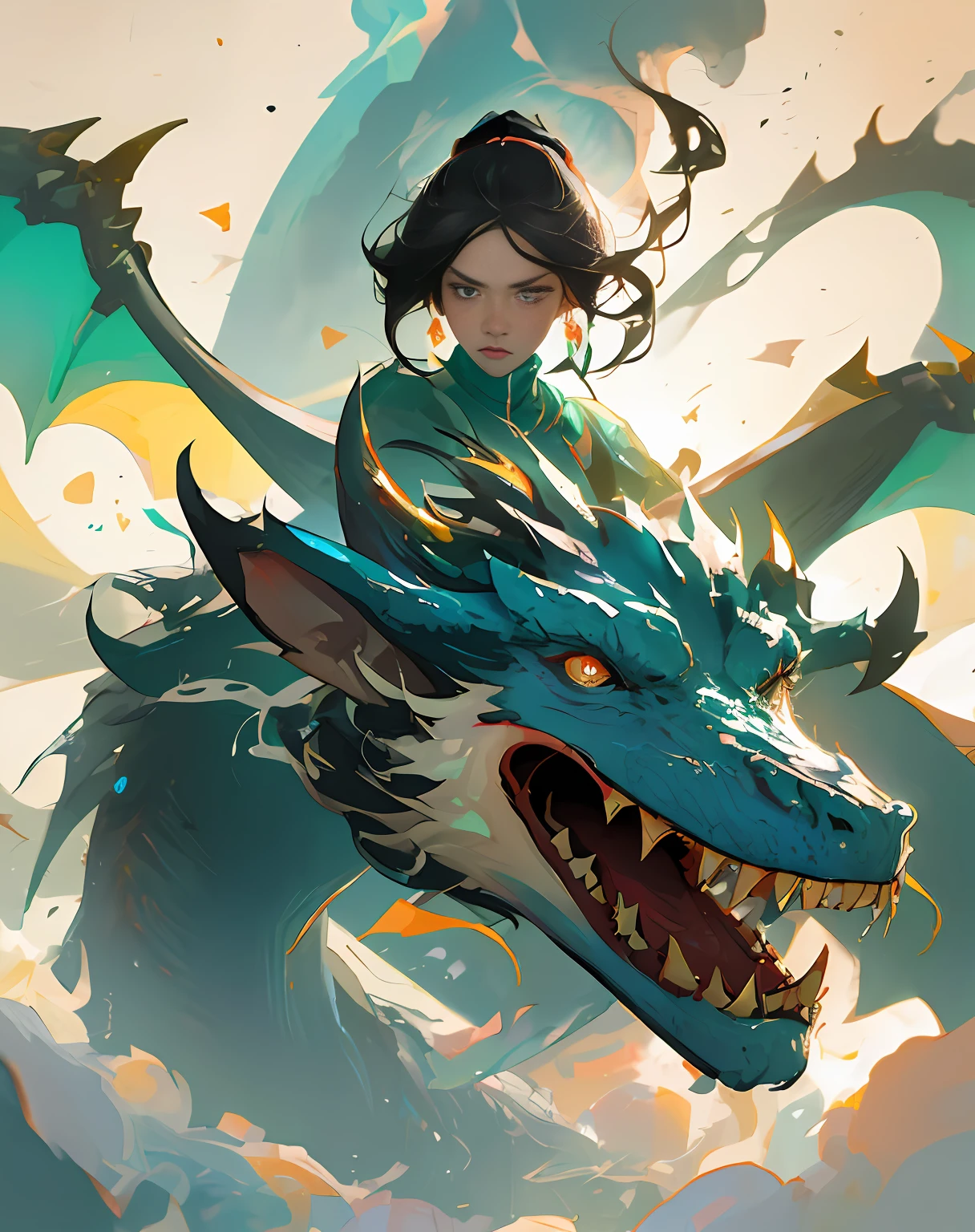 A beautiful woman's artwork, Artistic composition, Emotion, hyperactive, sport, Particle, tmasterpiece, highest quality,1girll,11 dragons