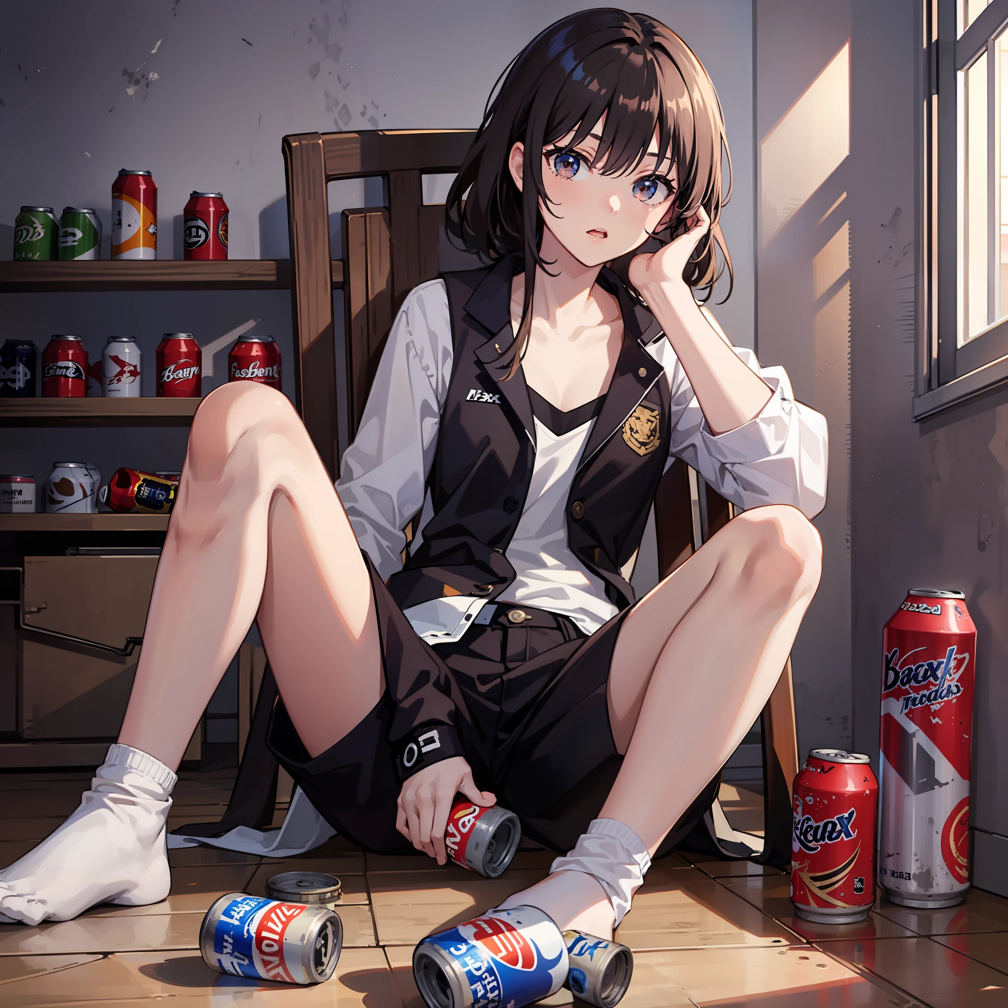 Day wind，A girl，age 22，Flaxen hair，short detailed hair，hair messy，with brown eye，Medium-sized chest，Wear a white vest，Black  shorts，inside bedroom，sit on chair，Reclining against the back of the chair，There are cans on the floor，Drunken，Best quality at best