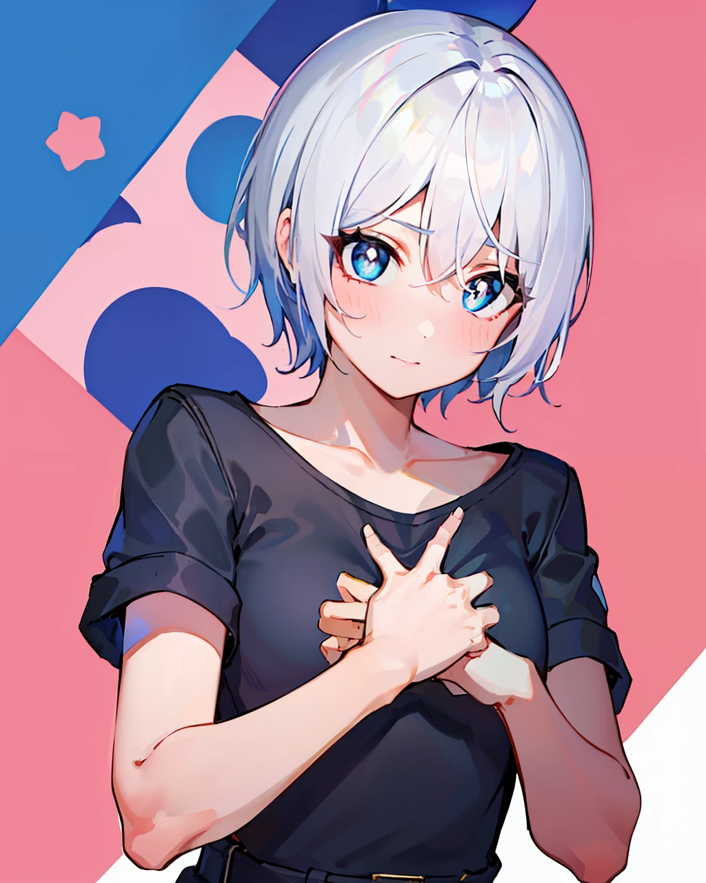 whaite hair,short detailed hair,Dull hair,teens girl,style of anime,White pupils,Diamond-shaped pupil,black t-shirts,The upper part of the body