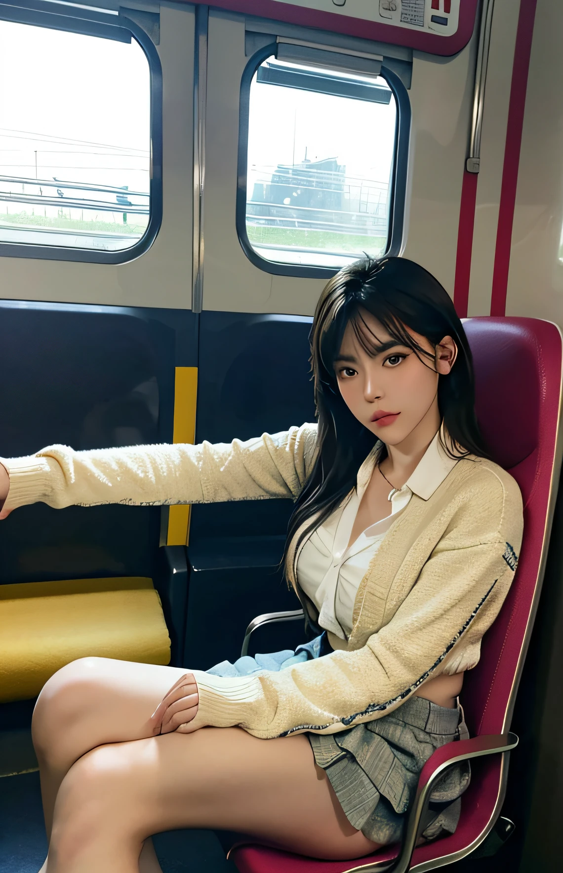 "(Masterpiece, High Definition, Ultra High Definition, 4K) Black hair, 14 years old Japan girl, uniform skirt, emphasizing thighs, white thighs, soft thighs, glossy thighs, sitting on the train, face-to-face angle, (angle from below),sitting in the train seat,Sitting in front,Zoom camera in the crotch,Feet on the train floor,Full body,Looking down and sleepy,Looking at the viewer only", best quality, ultra high definition, (photorealistic:1.4),, high resolution, detail, raw photo, sharp re, Nikon D850 film stock photo by Lee Jefferies 4 kodak portra 400 camera f1.6 lens rich colors hyper realistic lively textures dramatic lighting unreal engine artstation trends cinestir 800,