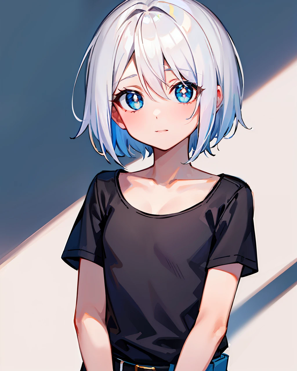 whaite hair，short detailed hair，Dull hair，teens girl，style of anime，White pupils，Diamond-shaped pupil，black t-shirts，The upper part of the body