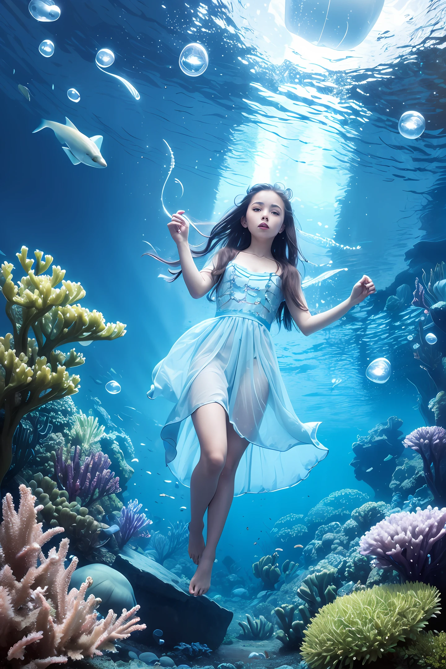 deep sea, underwater water, underwater, bubble, caged girl, elf, full body, panorama, underwater forest, Tyndall effect, blue eyes, long hair, hair floating, blue clothes, blue dress, blue dress, transparent wings, jellyfish, seaweed, fish, moon