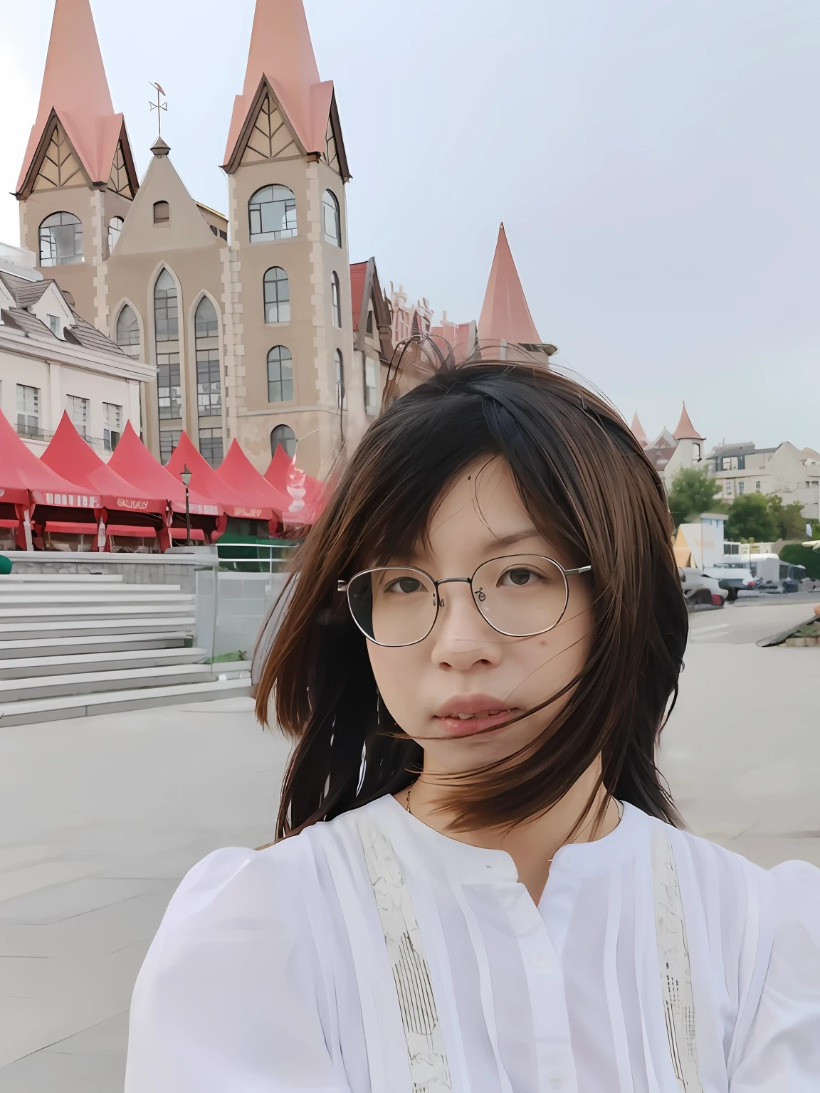 there is a woman with glasses standing in front of a building, xintong chen, wenfei ye, Lin Qifeng, chengyou liu, 8k selfie photograph, wenjun lin, zeng fanzh, With glasses, Li Zixin, Wang Qichao, 2 8 years old, mingchen shen, jinyiwei, 2 9 years old,Only one woman --auto