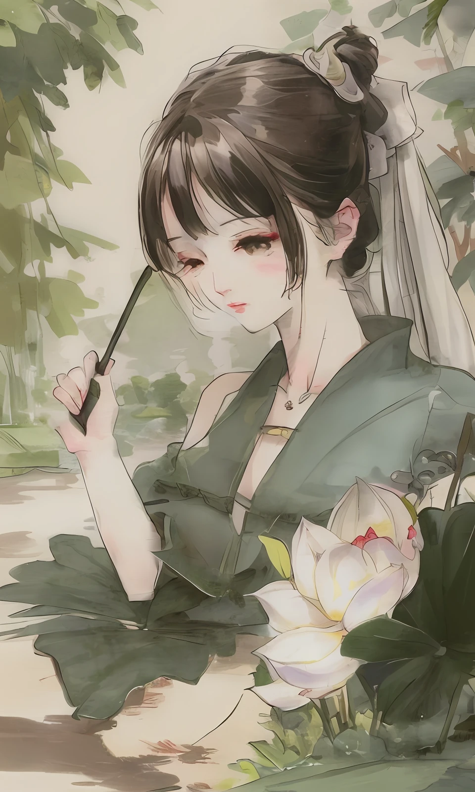 Ancient maiden，Write with a brush，In a lotus pond