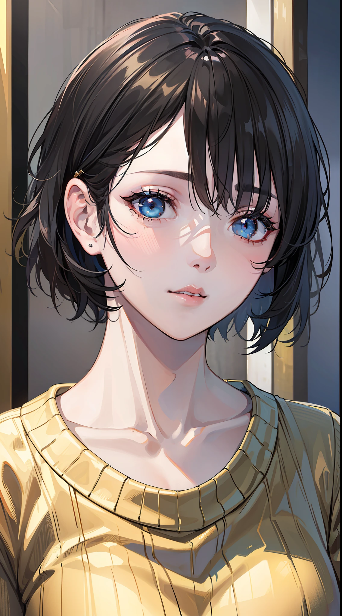 (masterpiece:1.3), (8k, photorealistic, RAW photo, best quality: 1.4), (1girl), beautiful face, (realistic face), (black hair, short hair:1.3), beautiful hairstyle, realistic eyes, beautiful detailed eyes, (realistic skin), beautiful skin, (sweater), absurdres, attractive, ultra high res, ultra realistic, highly detailed, golden ratio