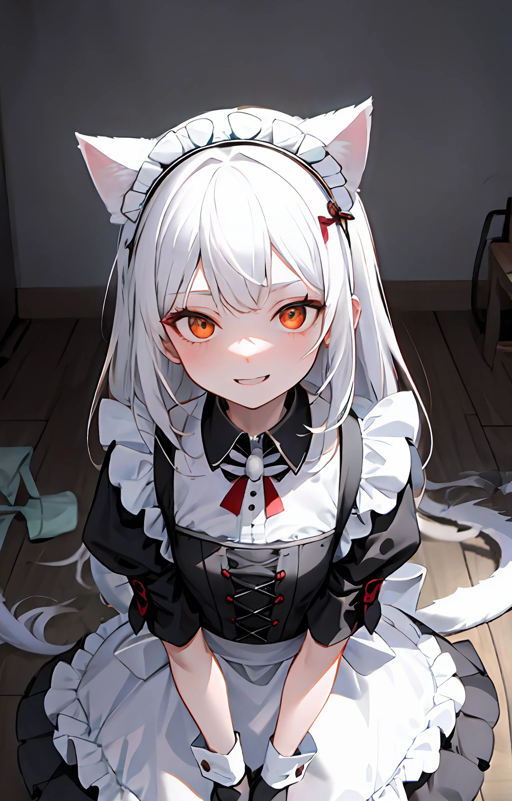 Beth,Look up at the perspective,cat ear,the maid outfit,Be red in the face,is shy,Love eyes white hair