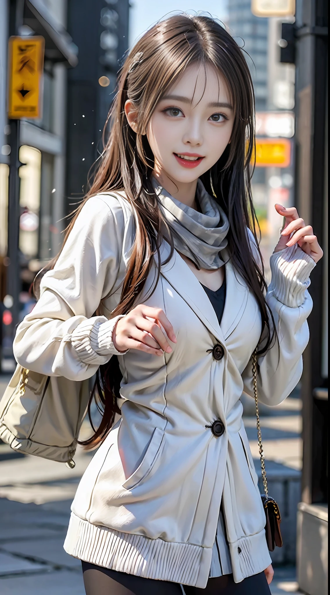 Wide pelvis, the creamy smooth skin,
(Masterpiece, Best quality, A high resolution, Ultra-detailed, Detailed background, Detailed eyes, beautiful  face:1.2), 1girll, Solo, White hair, short-length straighthair, Blunt bangs, With gray eyes, Flat chest, Narrow waist, Pale skin, Petite, Outdoors, street, winter, Snow, school uniform, winter uniform, white winter coat, White scarf, bookbag, black sock, Pantyhose, Open mouth, Smile, Happy, view the viewer, Cowboy shot,