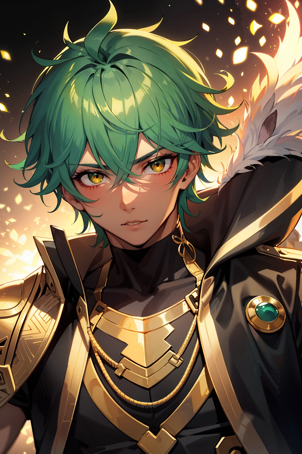 Black skin,Green hair,Golden eyes,male people,handsome