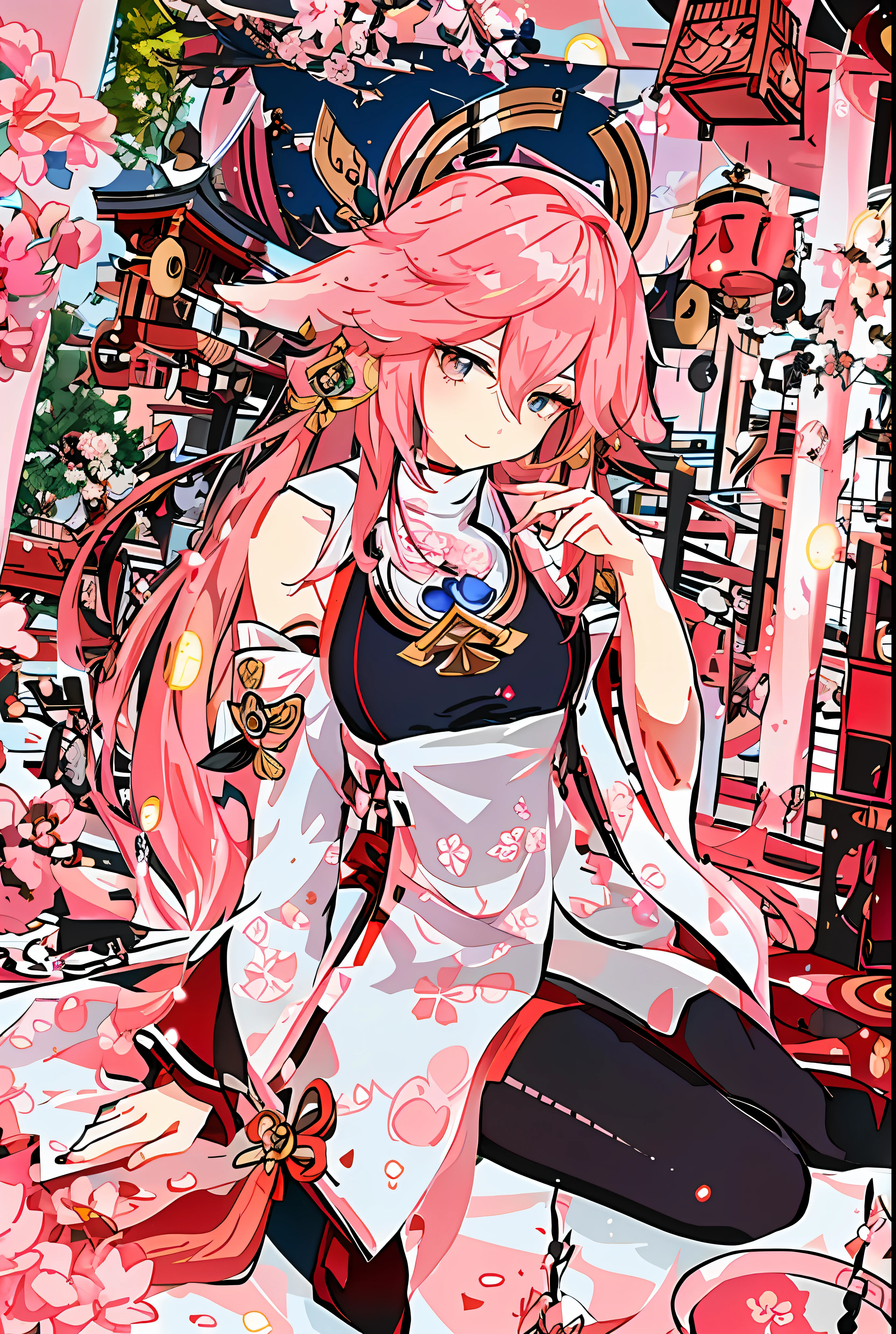 Yae Miko(Genshin Impact)，4K，Anime aesthetic style，Pink Long Hair，sit on a bed，Japan shrine priestess uniform