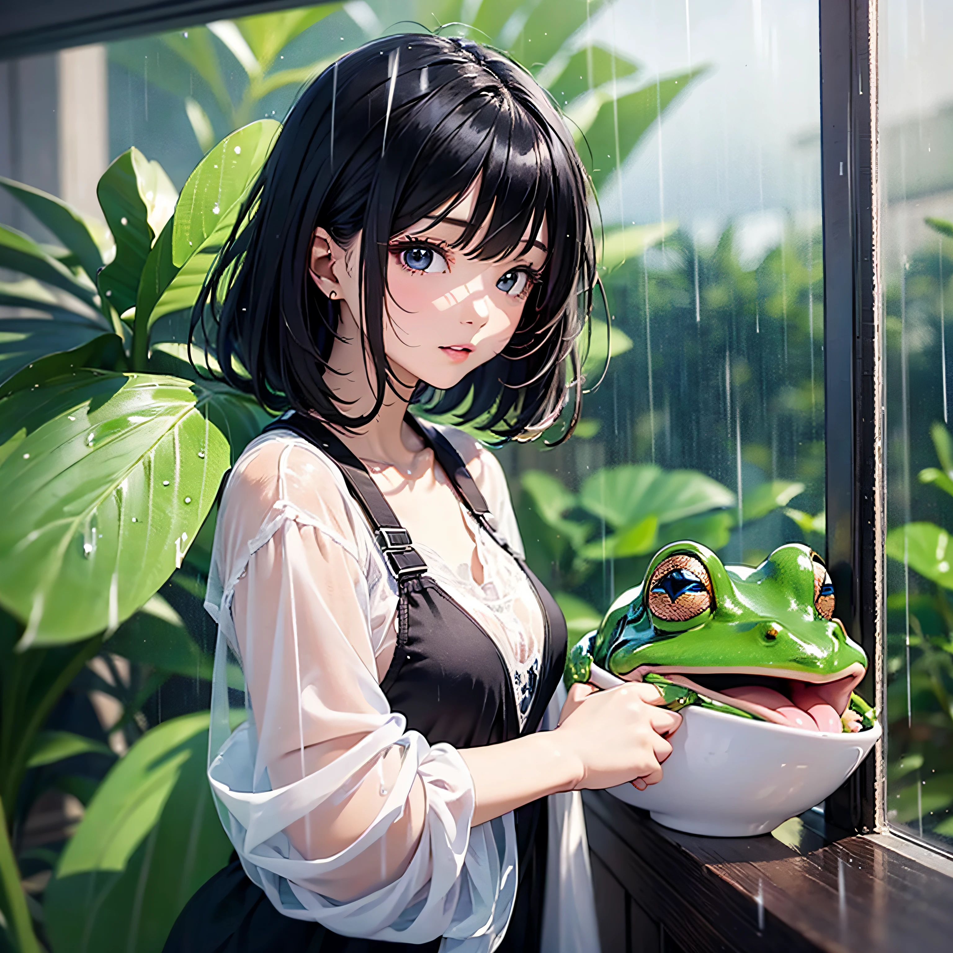 Anthropomorphic frog black hair long beautiful girl、18year old、It's raining outside、masterpiece、realisitic