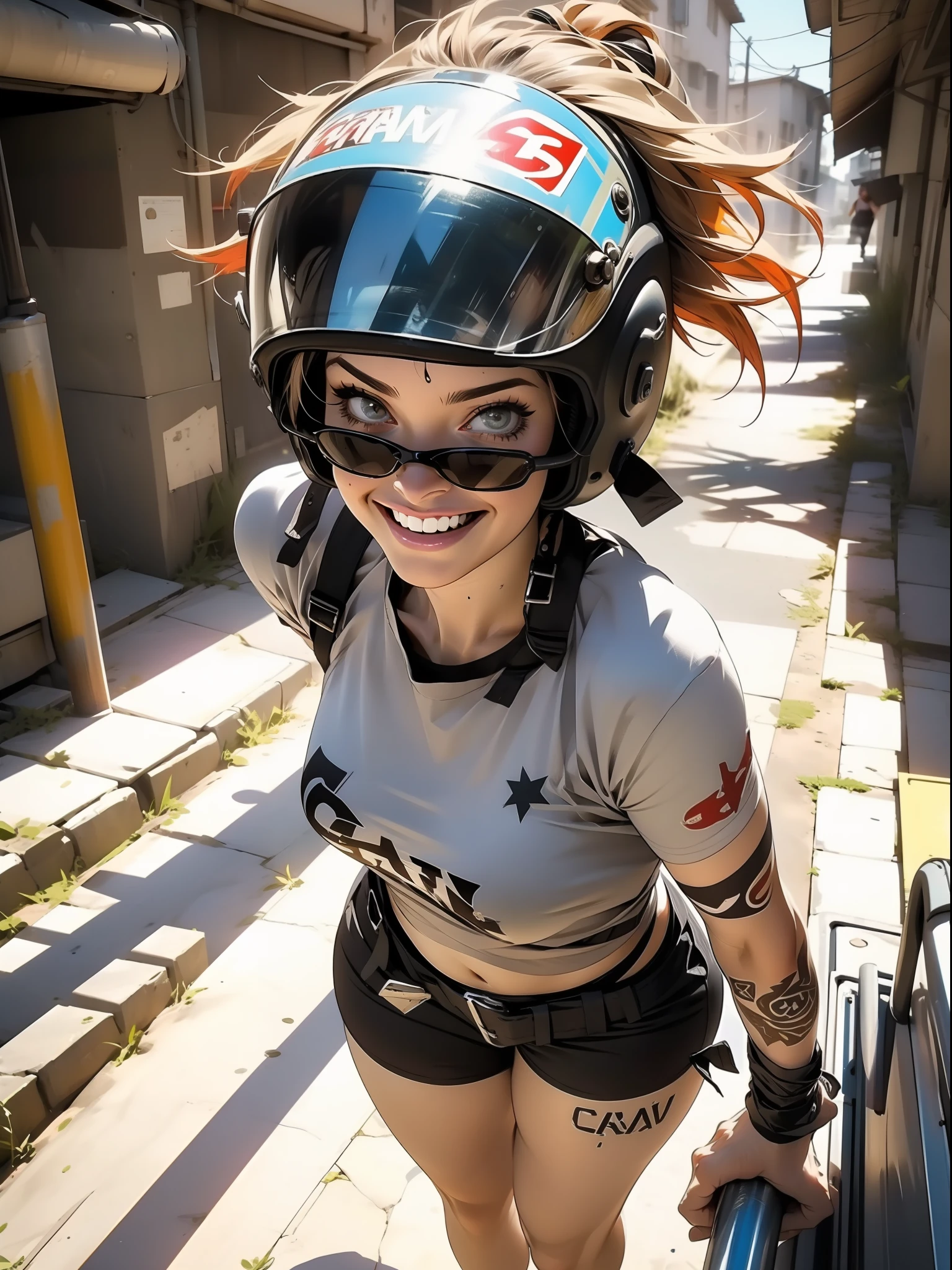 Nijistyle, uma garota furiosa como Tank girl, using a apocalíptico cloth, shorts curtinho com cinta liga, joelheiras, cara de louca, helmet on the head, luvas camiseta curta mostrando a barriga a parte de baixo dos seios, cyberpunk do deserto, armas na cintura, tank de guerra, Tank girl, tatuagens, ((( cabelos moicanos coloridos ))), funny with a mocking smile