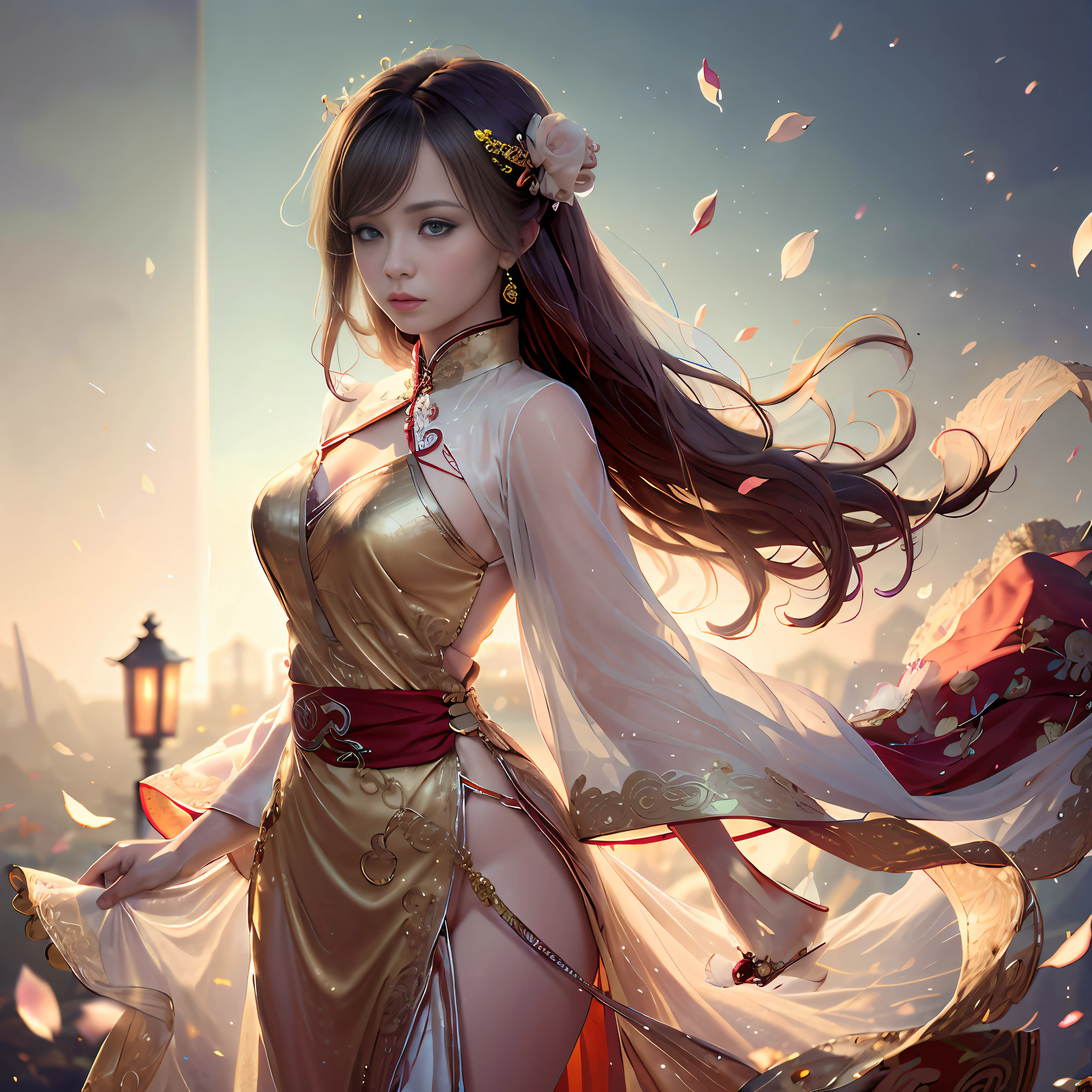 Need,tmasterpiece,A high resolution,(Delicate figure:1.5),Absolutely beautiful,(Milky skin:1.3),exquisitedetails,A high resolution,Wallpapers,1female,独奏,shift dresses,hair adornments,(((Golden and red dress)) ), florals, The long-haired, A brown-haired, Keep one's mouth shut, trinkets, longer sleeves, Raise Hand, Wide sleeves, Big eyes, Fluttering, Hanfu, Hanfu, Embroidery, long  skirt, natural poses, falling flower petals, inside in room, Fanning,Lanterns，16k，hdr，A high resolution，depth of fields，（filmgrain：1.1），Bocoon，prime time，（lens flare glow），Vignette，rainbowing，（Color：1.5），Light eyeshadow，Redraw the left hand --auto