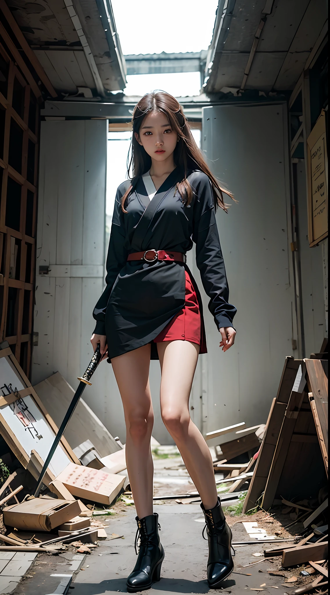Masterpiece, best picture quality, 1 beautiful girl, detailed eyes, swollen eyes, brown hair, long hair, fair skin, sexy, cute, pretty legs, short skirt, Japanese woman, Asian beauty, magical world, moonlight, abandoned building, strong eyes, professional lighting, bright lighting, double eyelids, slender, assassin, Black clothes, angry expression, holding a Japanese sword,