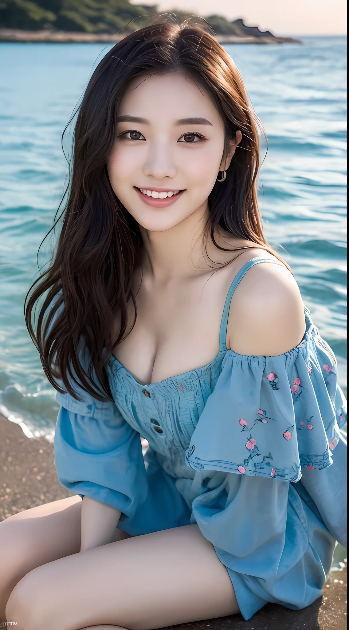 ((Top Quality,8K,tmasterpiece:1.3)),focal:1.2,Perfect beauty:1.4,Essential,hindquarters:1.2,((Layered Hair Style,nedium breasts:1.2)),(wetclothes:1.1),(sun setting,the ocean:1.3),Off-the-shoulder floral dress:1.1,Highly Detailed Face and Skin Textur,Narrow eyes,二重まぶた,Whitens the skin,rnlong hair,(Keep one's mouth shut:1.3),Smile with,The beauty is unreal,Hairstyling design,Sitting in the ocean,Long legs,The Ocean Splash character has no other elements,(Best quality),(Ultra-detailed),(Masterpiece),(the wallpaper),looking at viewert,Delicate details,Bright eyes,light in face,Cinematic lighting,Sexy figure,Perfect body proportion,Blush,Black hair,Floating hair,(Long hair:1.3),fake smile,Bed,Absolute field,Smooth skin,Expose legs,Full body, ,Unity 8k wallpaper,Ultra detailed,Beautiful and aesthetic,Beautiful,Masterpiece,Best quality,,Lying,group picture,Sit in the water,