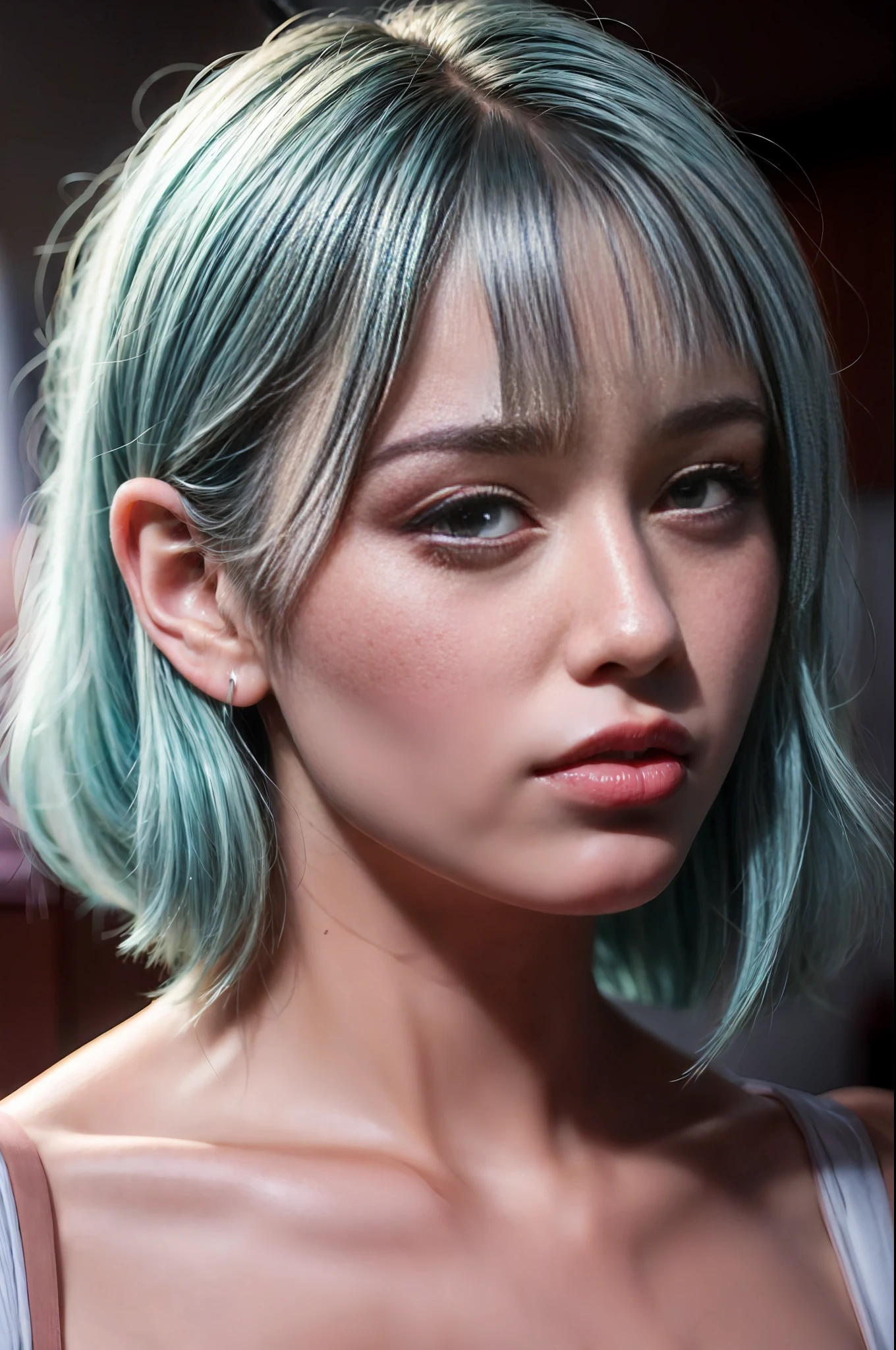 a close up of a woman with a short aqua and blue hair, soft portrait shot 8 k, girl with short dyed hair, color photograph portrait 4k, light green tone beautiful face, glowing mint face, pale bluish skin, girl with turquoise hair, portrait of a beautiful model, girl with blue hair, white bangs, 1girl, (short hair,  wavy hair:1.36), indoors, 22-year-old,  Ultra-high quality photos, RAW photo, beautiful detailed face and eyes, (photorealistic:1.4), best quality, highres, realistic, 16k, caustics, Core shadow, dynamic light, beautiful and delicate lips, , detailed pupil, real human skin, (Extremely detailed), happy bold expression