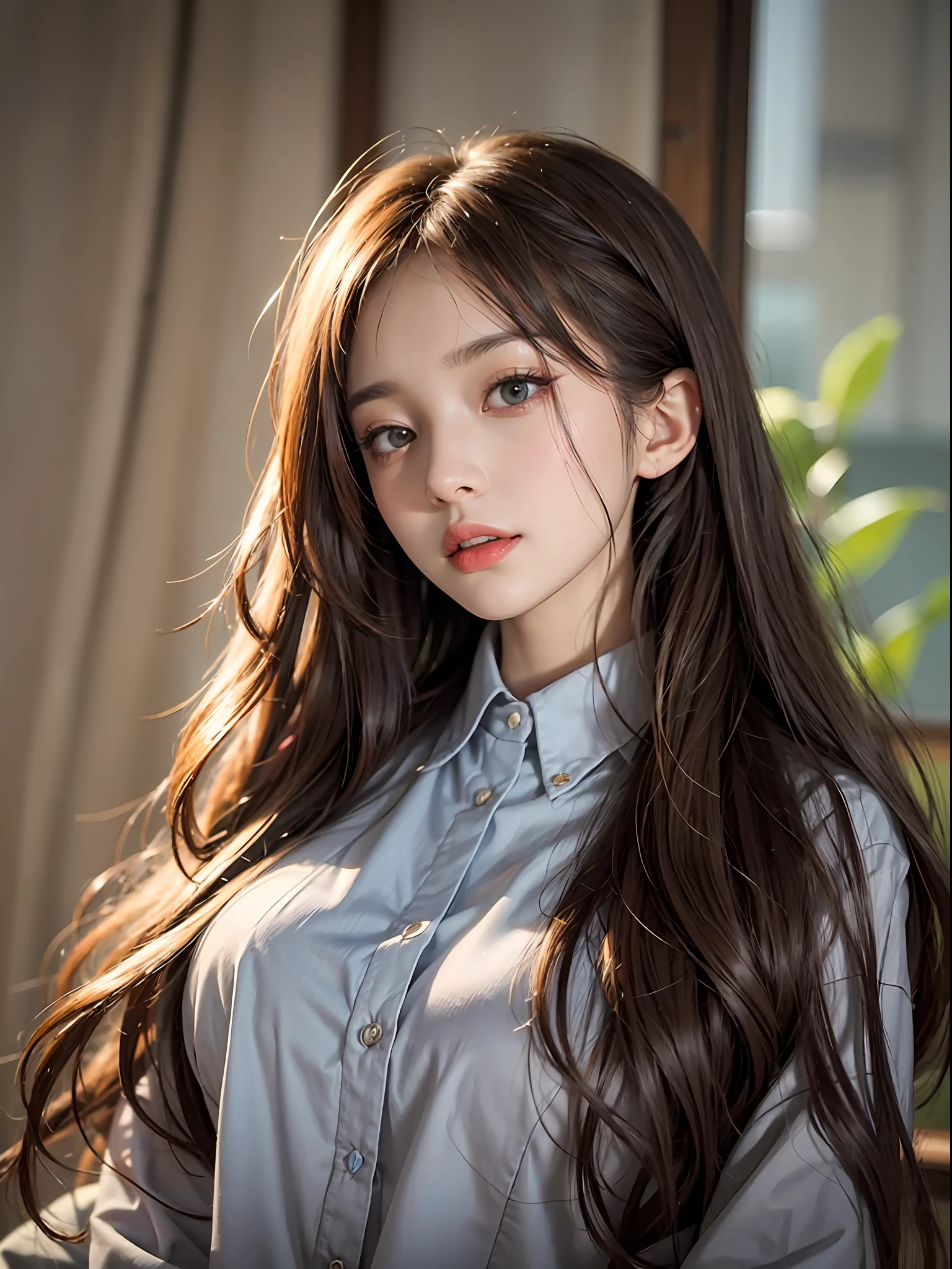 8K,best qualtiy,tmasterpiece,超高分辨率,(真实感:1.4),RAW photogr,the night,Warm light,(True skin texture:1.3),(filmgrain:1.3),Long button-down shirt,1个Giant Breast Girl,Beautiful eye and face details,tmasterpiece,Best quality at best,Slender and long legs,(full bodyesbian)