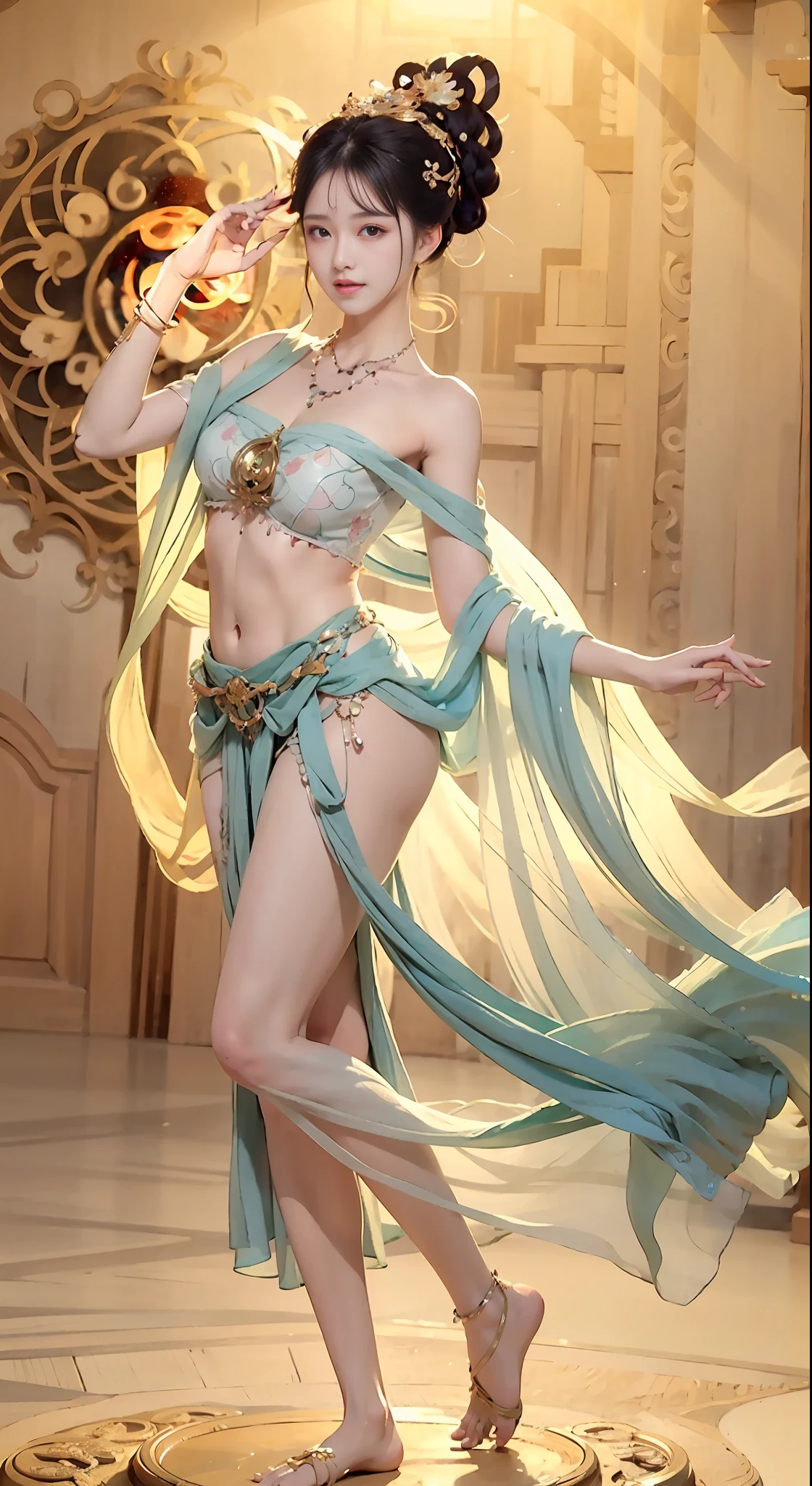 Full body photo，a  beautiful female，Delicate jade feet，messy  hair，teens girl，Symmetrical bun，hair adornments，jewelry，The face is delicate，eye shadows，Delicate cyan top，cropped shoulders，Crop topping，showing belly，Dunhuang style，Lots of streamers，Fine fine skin，Soft light effects，Delicate and smooth hair，exquisite detailing，Eye highlights，Fair skin，Fine portrayal，Ultimate detail，Cinematic quality，being thin，slenderness，Fragmentation，hair detail，Thin bangs，Shawl hair，Correct bodies，shadowing，Air bangs，8K，Super meticulous，Fine fabric texture，softness，complaisant，Smooth texture，Dunhuang style，Delicate pattern，Correct hand drawing，smile, tsurime, Surrealism, ray tracing, UHD, high details, super detail, highres, 8k, high quality, high details, textured skin, ccurate