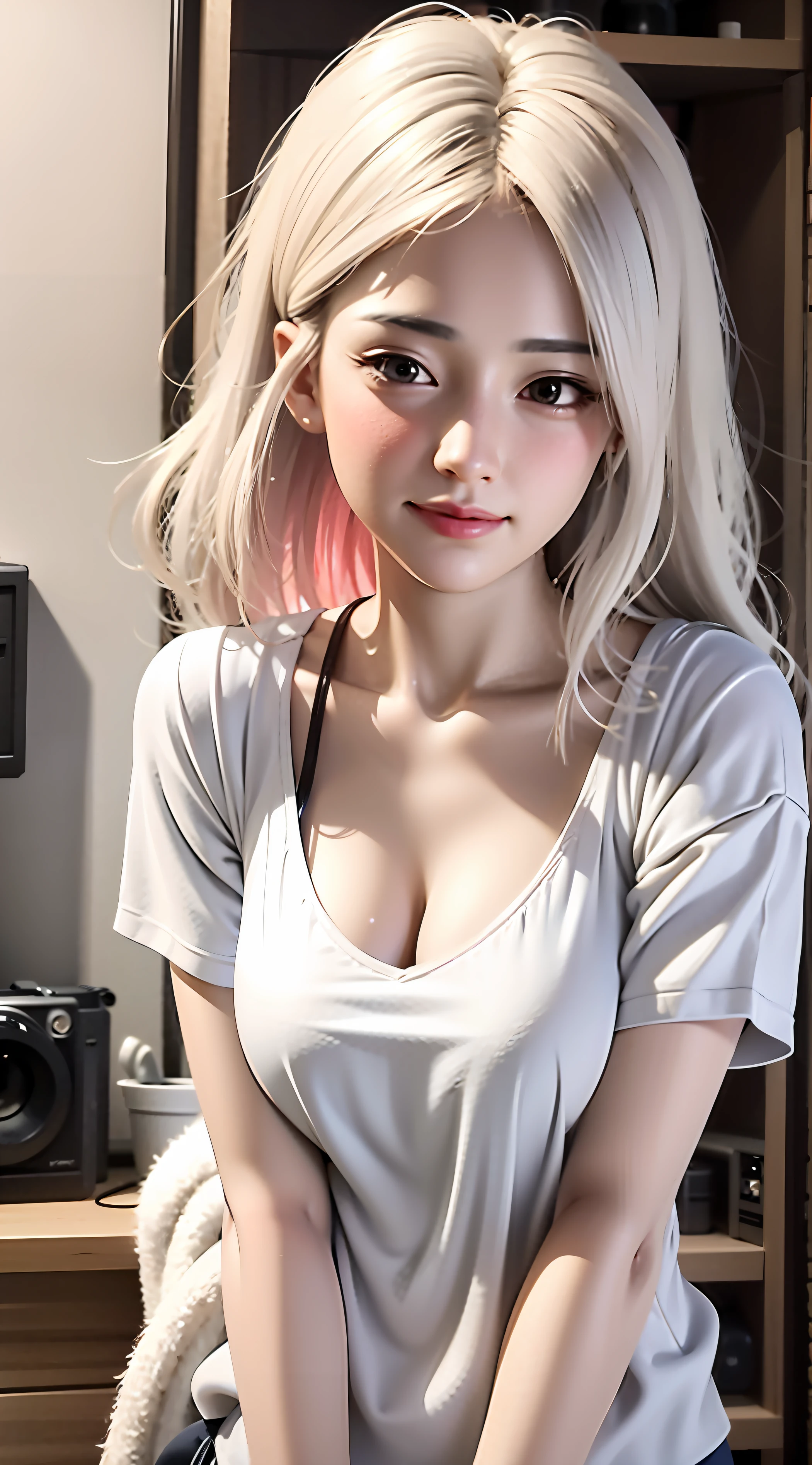 Close-up of a man with white hair and a white shirt, Perfect white haired girl, Guviz-style artwork, IG model | Art germ, Seductive girl, like artgerm, Chinese girl, Ross Tran 8 K, beautiful alluring anime teen, Extremely detailed Artgerm, Realistic anime 3 D style, Photorealistic anime、Red eyes、Full body photo、shortpants、show legs