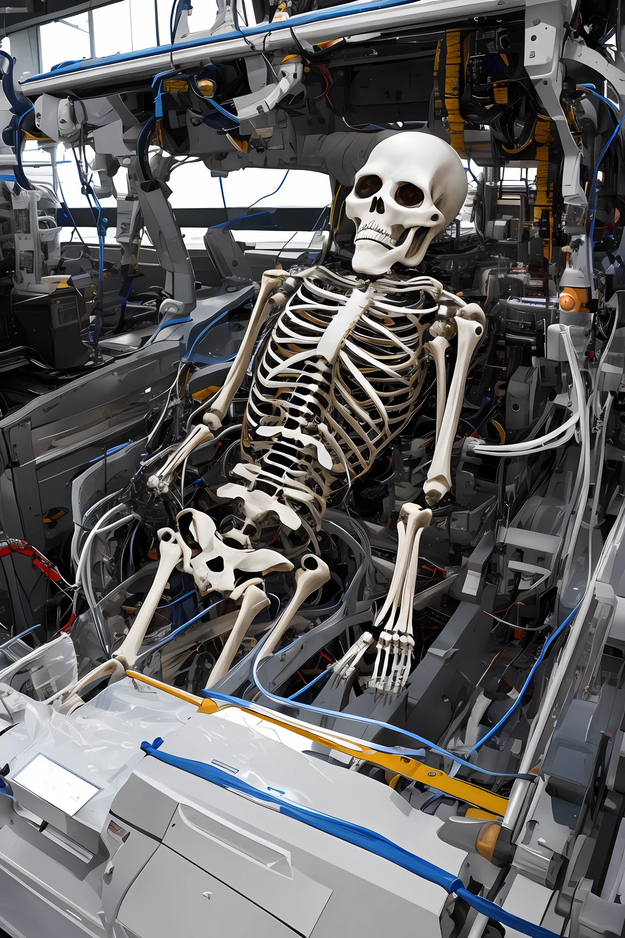 One meter two females wrapped in robotic skeleton，short detailed hair，Hair is wet，The blood vessels on the skeleton of the machine can be clearly seen