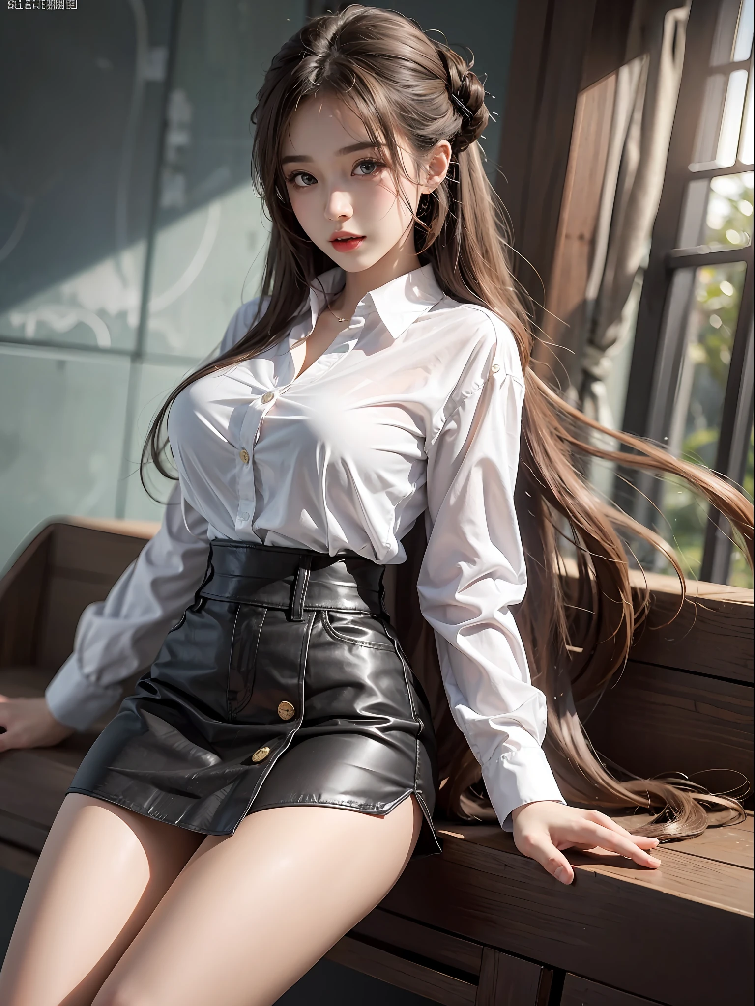 8K,best qualtiy,tmasterpiece,超高分辨率,(真实感:1.4),RAW photogr,the night,Warm light,(True skin texture:1.3),(filmgrain:1.3),Button-down shirt skirt,1个Giant Breast Girl,Beautiful eye and face details,tmasterpiece,Best quality at best,Slender and long legs,(full bodyesbian)