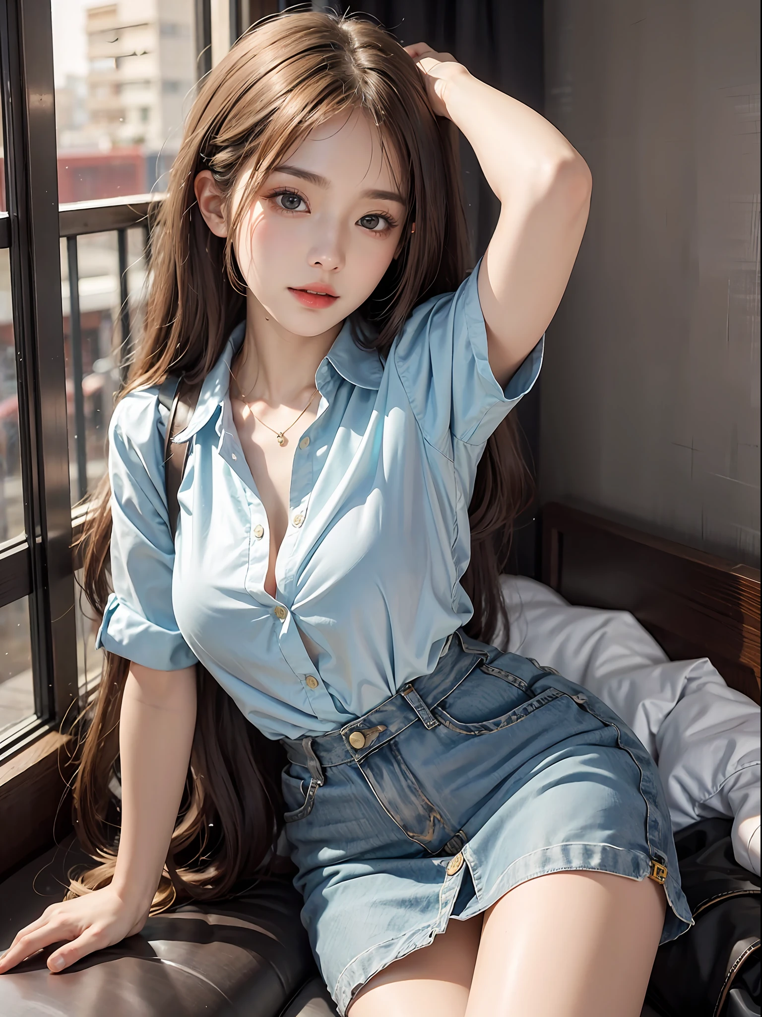 8K,best qualtiy,tmasterpiece,超高分辨率,(真实感:1.4),RAW photogr,the night,Warm light,(True skin texture:1.3),(filmgrain:1.3),Button-down shirt skirt,1个Giant Breast Girl,Beautiful eye and face details,tmasterpiece,Best quality at best,Slender and long legs,(full bodyesbian)