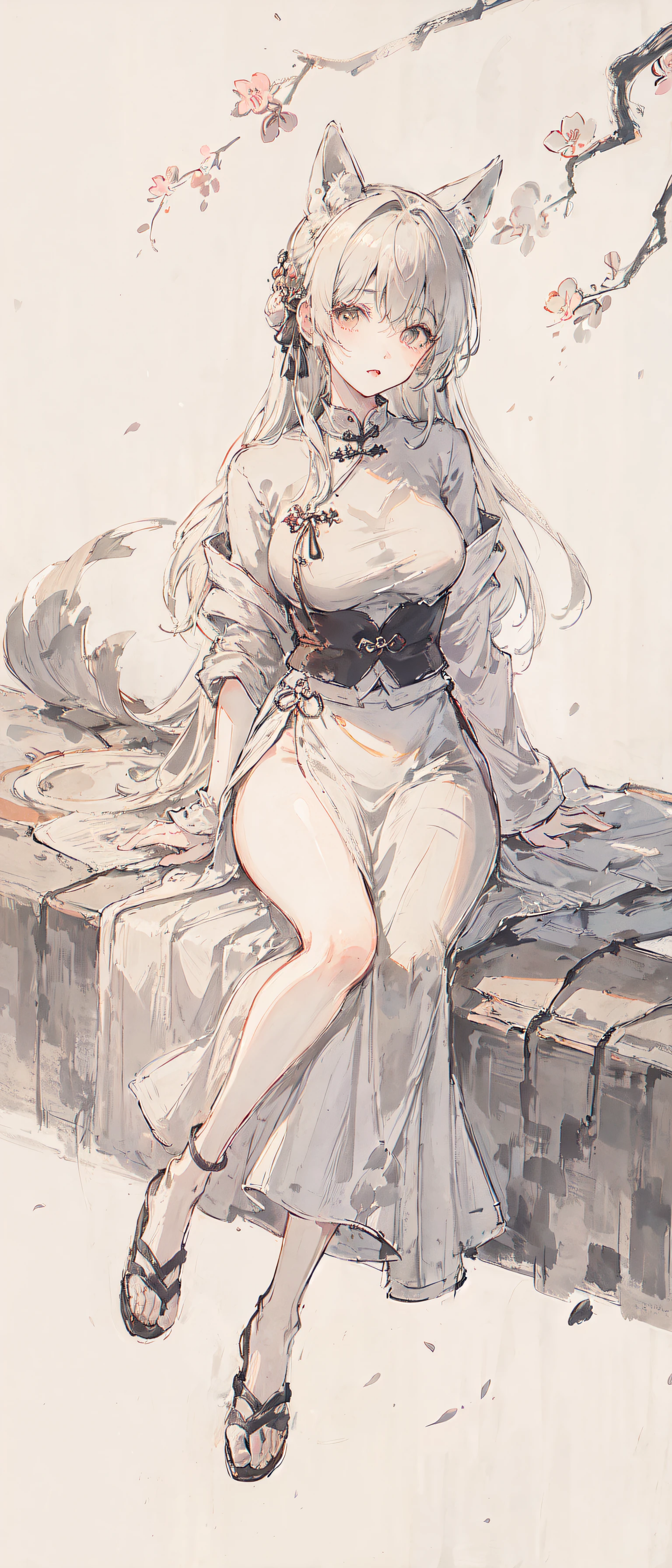 ((4k,masterpiece,best quality)), shuimobysim, traditional chinese ink painting, lotus, hanfu, maxiskit, dress conservatively
1 boy, solo, white hair, fox ears, white, fish, many fish near boy, look at viewer, tease,onee-shota,