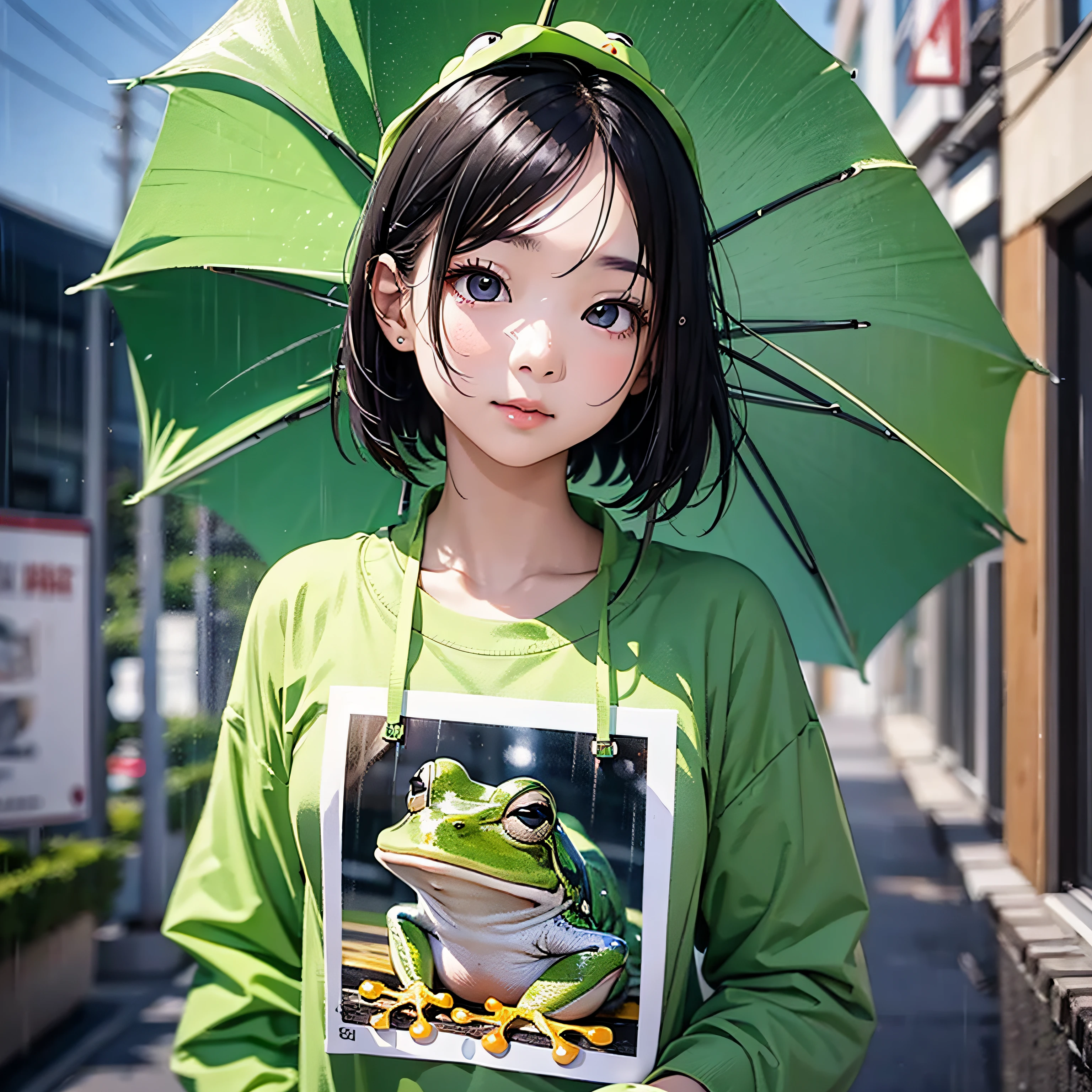 Anthropomorphic frog black hair long beautiful girl wearing a shirt with a picture of a frog、18year old、It's raining outside、masterpiece、realisitic