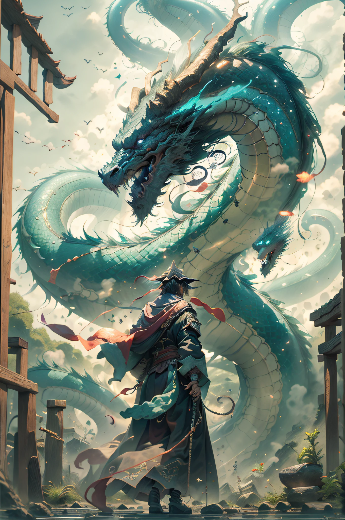 V0id3nergy,Cyan chinesedragon,巨作,Best quality,High detail,Epic detail,hyper qualit,8K,unreal-engine,ultra - detailed,hight contrast,Hyper-detailing,best qualtiy,超高分辨率,mostly cloudy sky,A man facing the green dragon,clad in robes,cabelos preto e longos,Chinese-style clothing,facing away viewer