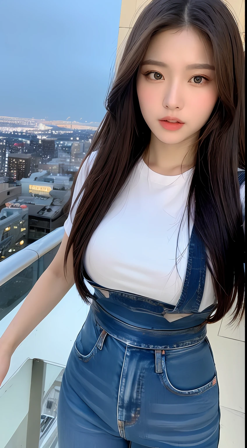 ((Midnight, Best quality, 8k, Masterpiece :1.3)), Whole body, Long legs, Sharp focus :1.2, A pretty woman with perfect figure :1.4, Slender abs :1.1, ((Dark brown hair,Gigantic breasts :1.2)), (White tight tshirt, Jean bib, Standing:1.2), ((Night city view, Rooftop:1.3)), Highly detailed face and skin texture, Detailed eyes, Double eyelid