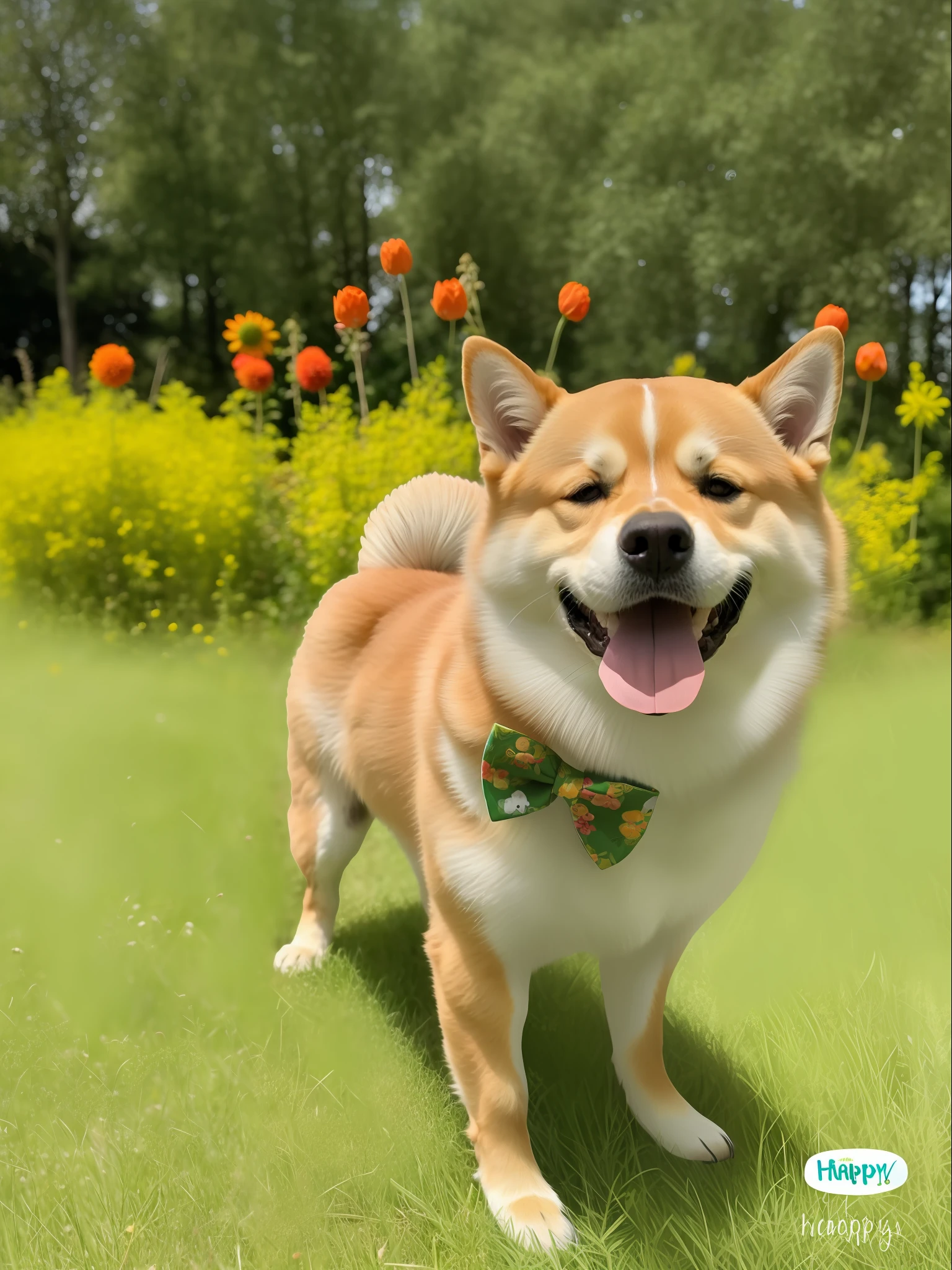araffe dog with a bow tie standing in a field of flowers, Shiba dog, shiba inu dog, Anthropomorphic Shiba Inu, shibu inu, japanese dog, shiba inu portrait, governor, happy dog, he is happy, extremely happy, shiba inu face, joyful smirk, awww