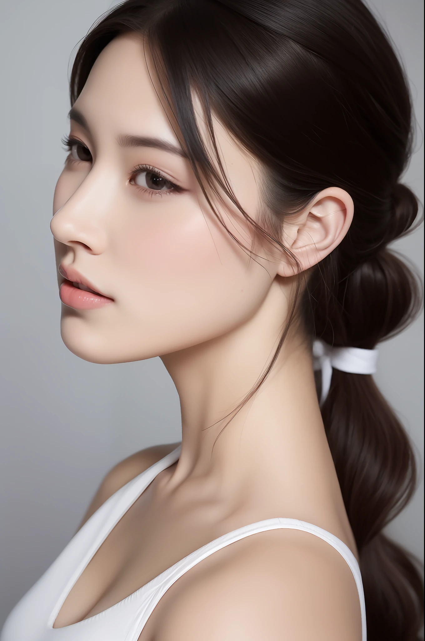 masuter piece、Best Quality、Very detailed、Upped hair ponytail、One girl with cute pink lips around the neck。slightly upturned nose and long eyelashes,、Attractive expression that attracts with realistic skin texture。white backgrounid、profile