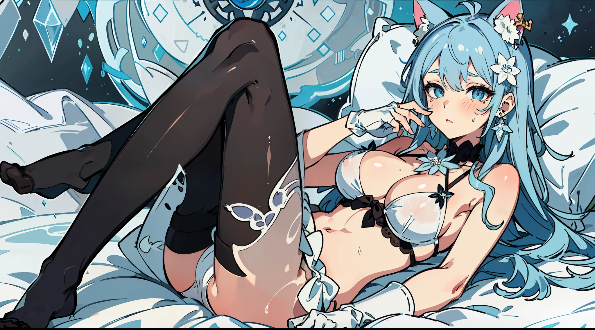 (Lie on a luxurious bed) (Blue hair) (ice-white eye pupil) (Childlike big breasts) (Cat ears on head) (ice flower in the eye pupil) (tear-mole) (Blue and white bikini) (Black pantyhose) (No shoes) (Black lace gloves) Finger detail depiction (ice jewel earrings) (tear-mole) (The expression of (Blushing),Black pantyhose