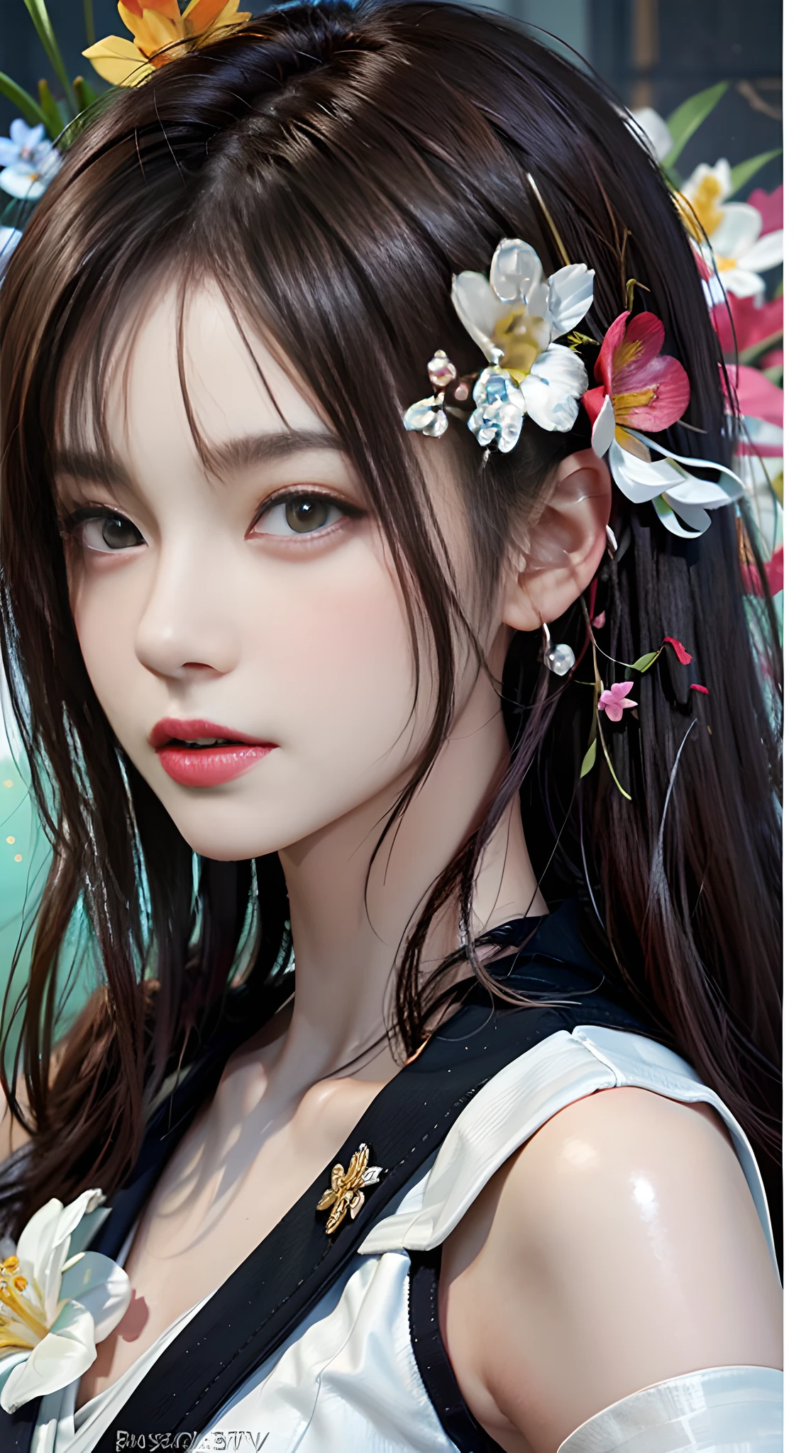 (tmasterpiece),((Super meticulous)),(High detail CG illustration),(expressiveless),(best qualityer:1.2),Realistic 8K UHD,k hd,High quality texture,Intricate details,Detailed textures,filigree,high detal,extremaly detailed cg,Highqualityshadow,Realistic reproduction of the face,Detailed Beautiful and delicate face,Detailed Beautiful and delicate eyes,Brown pupils,a face with perfect proportion,depth of fields,Cinematic light,lens flare glow、Ray traching、ssee-through、20yr old、Prominent Nose、elongated face、Tall girl、(largeeyes:1.2)、Blushlush、Glossy lips、perfect body figure、slimification、Particles of Light、(a narrow waist:1.3)、middlebreast,distinct_image,A high resolution,(Glossy glossy skin),single focal,(brown hair),(Delicate beautiful eyes and detailed face),(Detailed face),(Striped hair),light source contrast,there is a woman in a white dress standing in a field of flowers, Royal Palace , A girl in Hanfu, 🌺 CGSesociety, inspired by Yanjun Cheng, author:yanjun cheng, Ross Tran 8 K, ross tran style, Guviz-style artwork, Zhang Jingna, by Yang J, Beautiful digital artwork, author:Russell Dongjun Lu