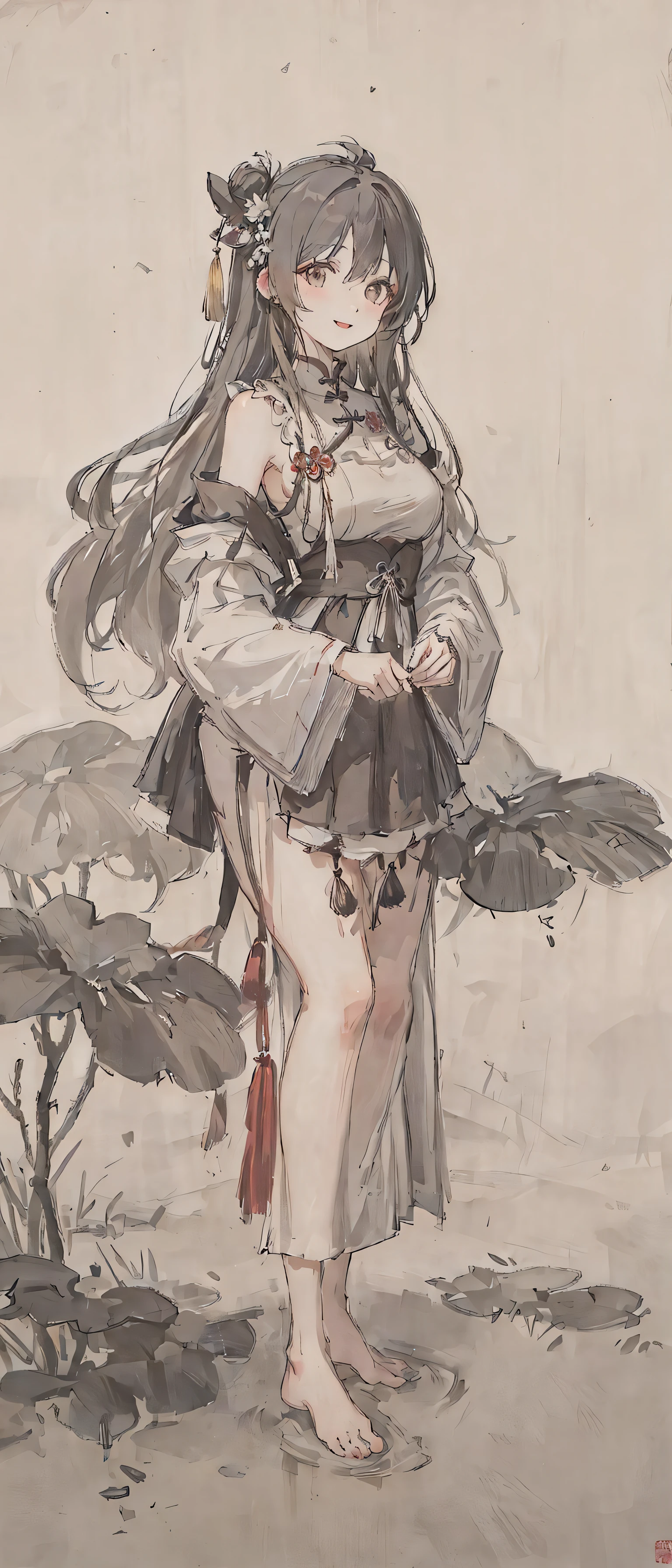 ((4k,masterpiece,best quality)), shuimobysim, traditional chinese ink painting, lotus,  hanfu, maxiskit, dress conservatively
1girl, solo, long blue hair, smile, standing, feet in the water, barefoot,