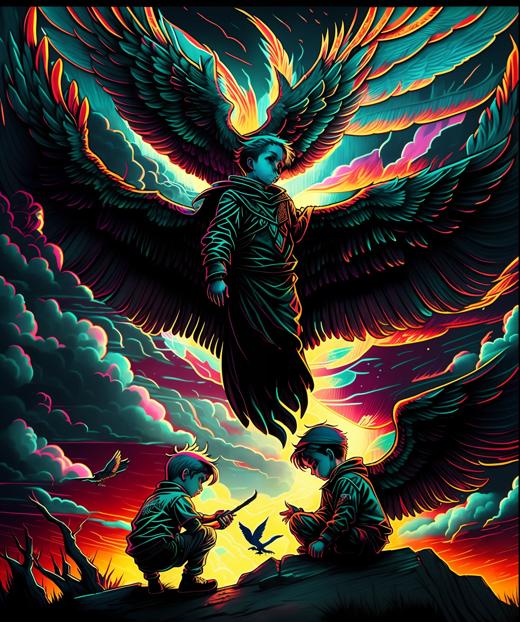 A boy looked at the phoenix in the sky