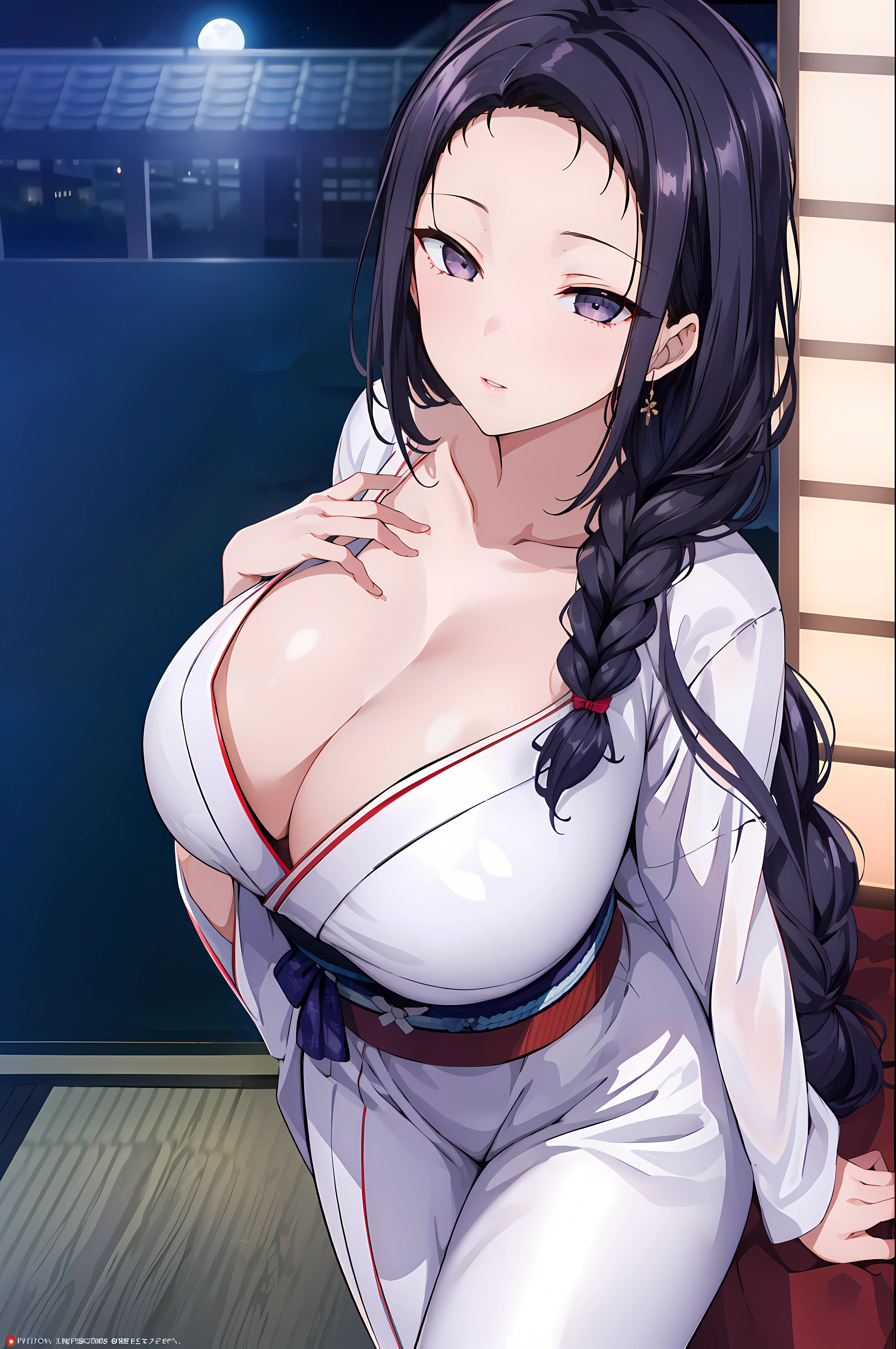 (Night:1.7), Japan, Tokyo, CityView, Before Window,
Standing at attention,
(White_kimono:1.3),cleavage,
black_hair, long_hair, hair_pulled_back,parted_lips,purple_eyes, braid,
1 girl, 24yo,mature female,Beautiful Finger,Beautiful long legs,Beautiful body,Beautiful Nose,Beautiful character design, perfect eyes, perfect face,
looking at viewer, in the center of the image,
NSFW,official art,extremely detailed CG unity 8k wallpaper, perfect lighting,Colorful, Bright_Front_face_Lighting,
(masterpiece:1.0),(best_quality:1.0), ultra high res,4K,ultra-detailed,
photography, 8K, HDR, highres, absurdres:1.2, Kodak portra 400, film grain, blurry background, bokeh:1.2, lens flare, (vibrant_color:1.2)
(Beautiful,large_Breasts:1.4), (beautiful_face:1.5),(narrow_waist),