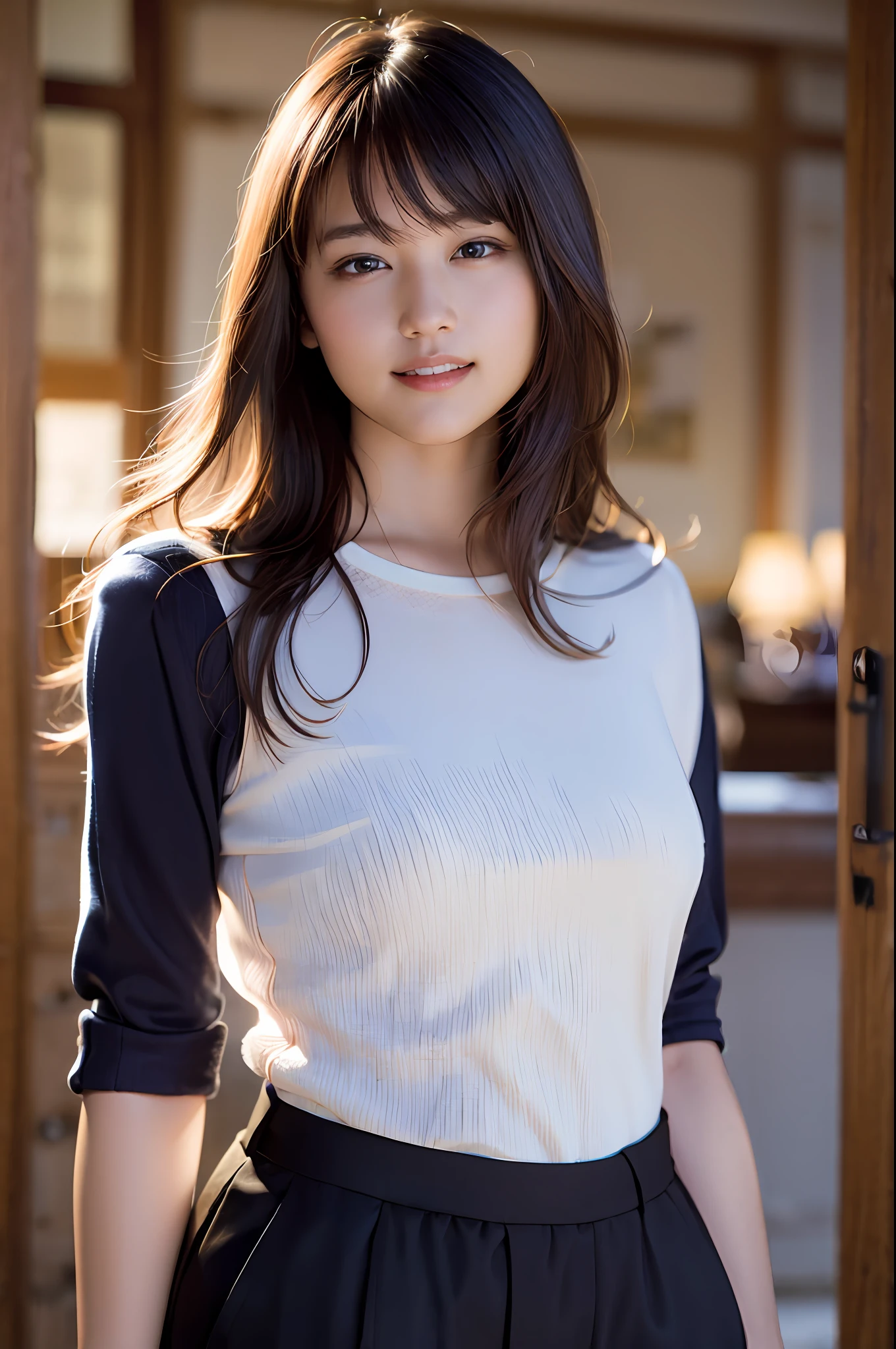 (8k, RAW photo, best quality, masterpiece:1.2), (realistic, photo-realistic:1.37), ultra-detailed, ultra high res,1 girl,looking at viewer,beautiful detailed face,smile,narrow,(slim waist:1.3),shirt, beautiful detailed skin, skin texture, floating hair,professional lighting,