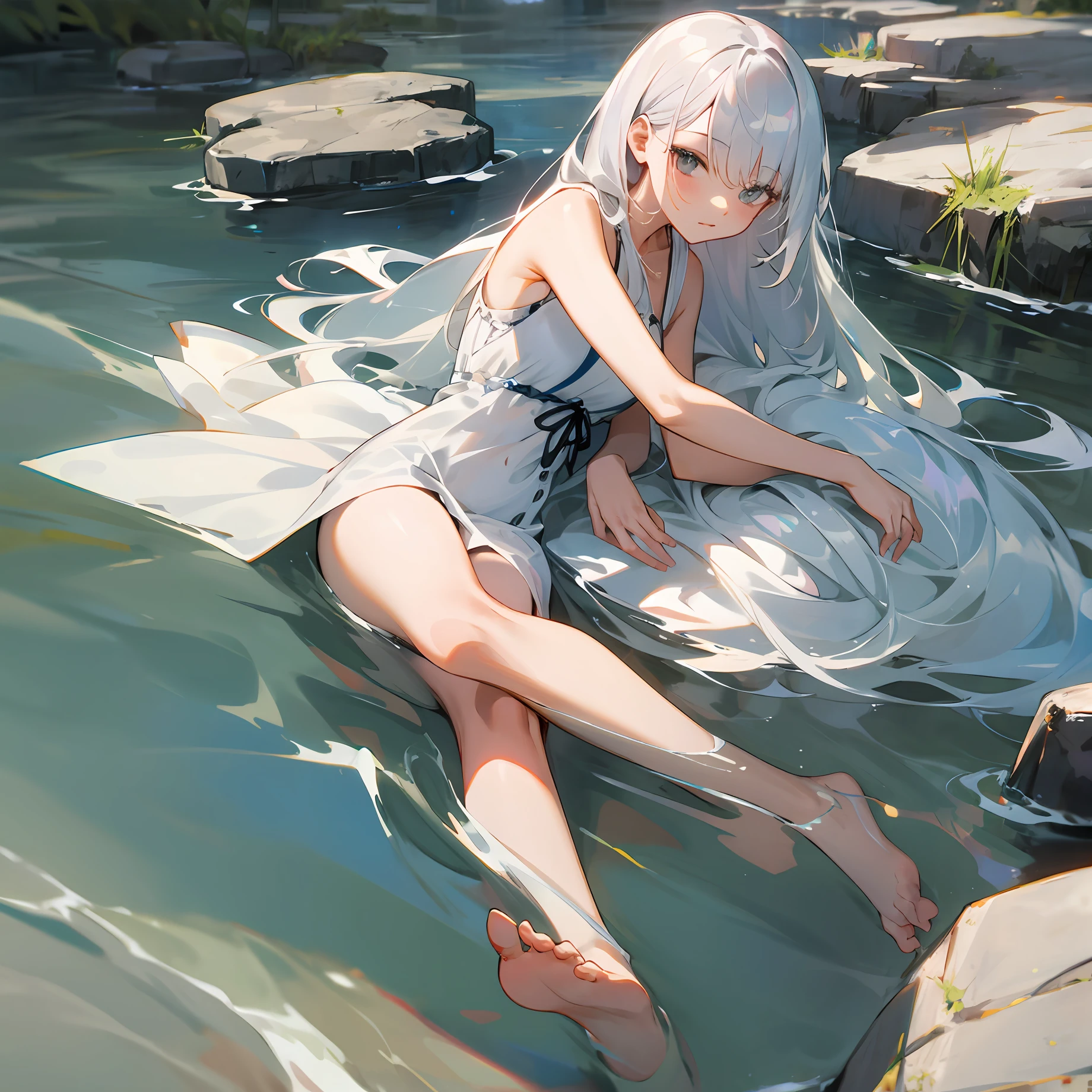 Silver hair in barefoot water