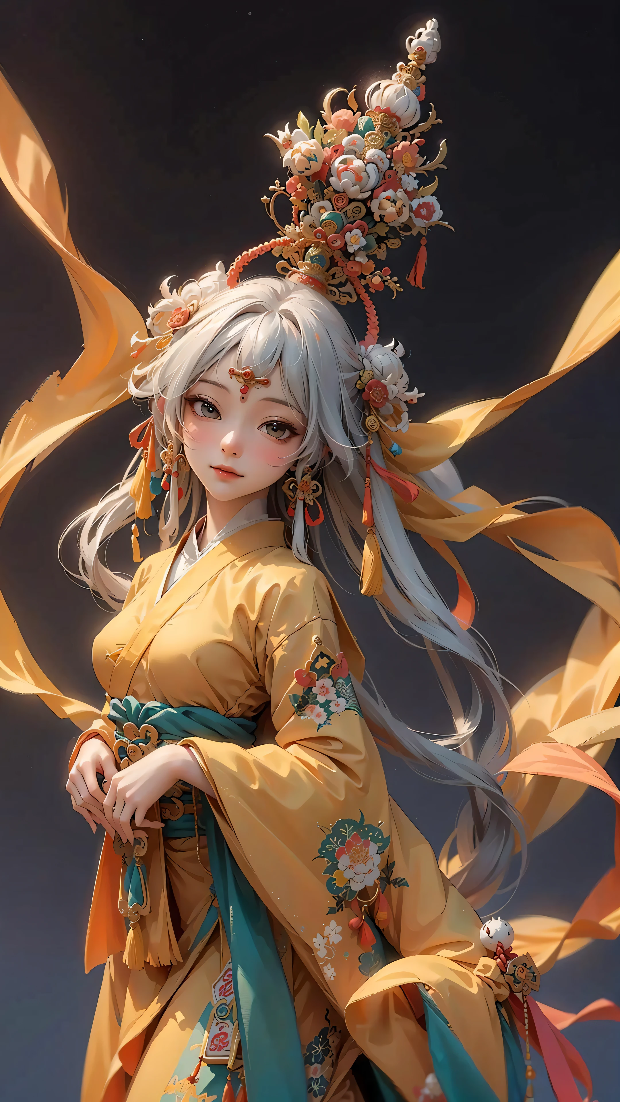 official art, unity 8k wallpaper, ultra detailed, beautiful and aesthetic, masterpiece, best quality, (zentangle,tangle, entangle), (fractal art:1.4),1girl, extremely detailed, dynamic angle, cowboyshot, (the most beautiful form of chaos), elegant, (vivid colors),OC,(full body:0.8),Chinese,(thangka apsaras:1.5),(ribbon:1.3),(Dream:1.5),(hanfu:0.7),(smile:0.5),(chinese deities),