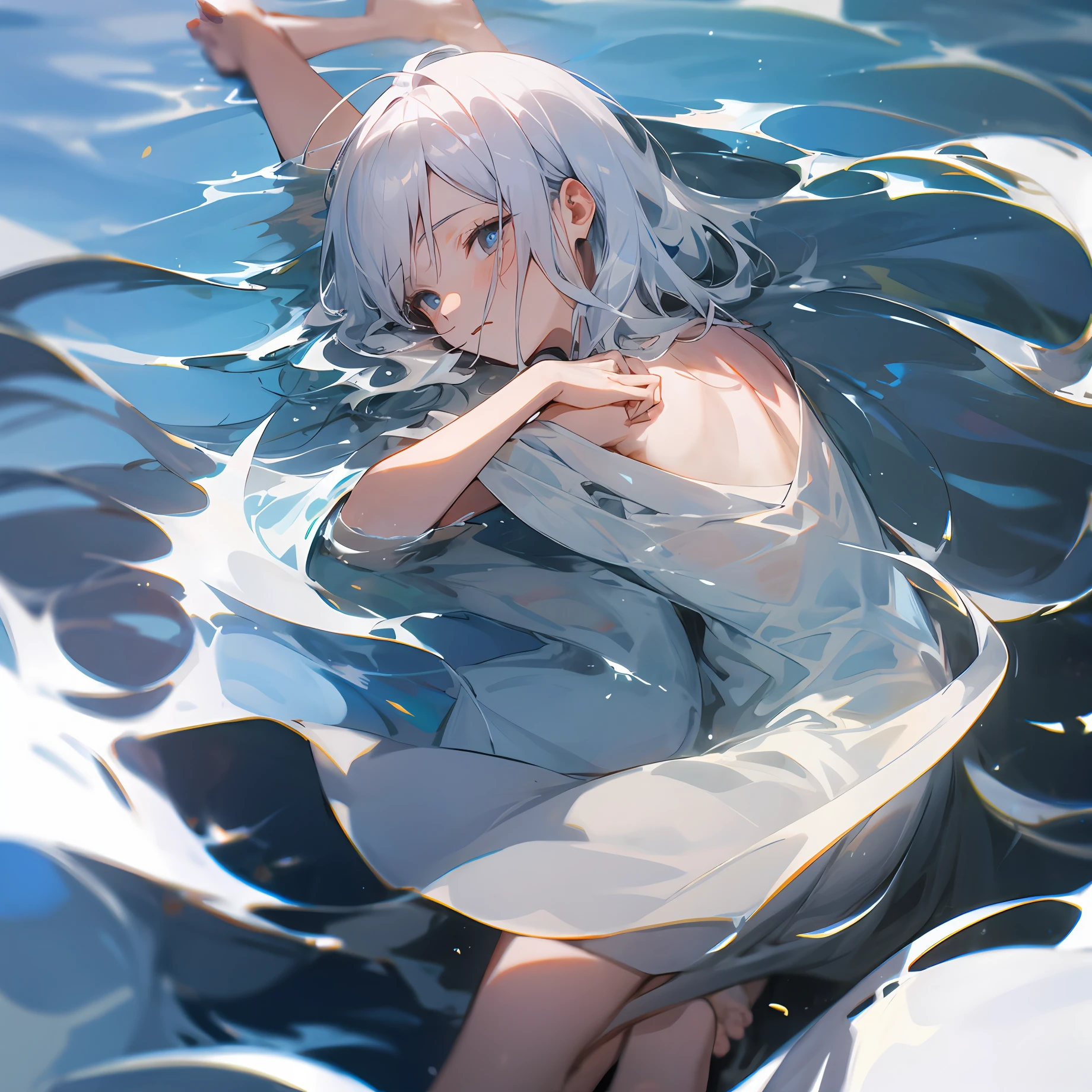 Silver hair in barefoot water