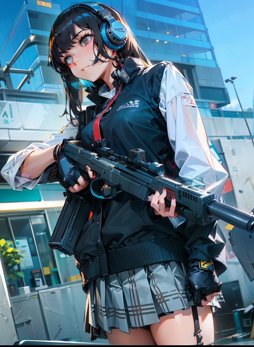 a woman in a uniform holding a gun and wearing a headphones, seifuku, m4 sopmod ii girls frontline, kantai collection style, with rifle, girls frontline style, anime girl cosplay, full-cosplay, with pistol, cosplay photo, girls frontline cg, ayaka cosplay, from girls frontline, railgun, cosplayer, fine details. girls frontline