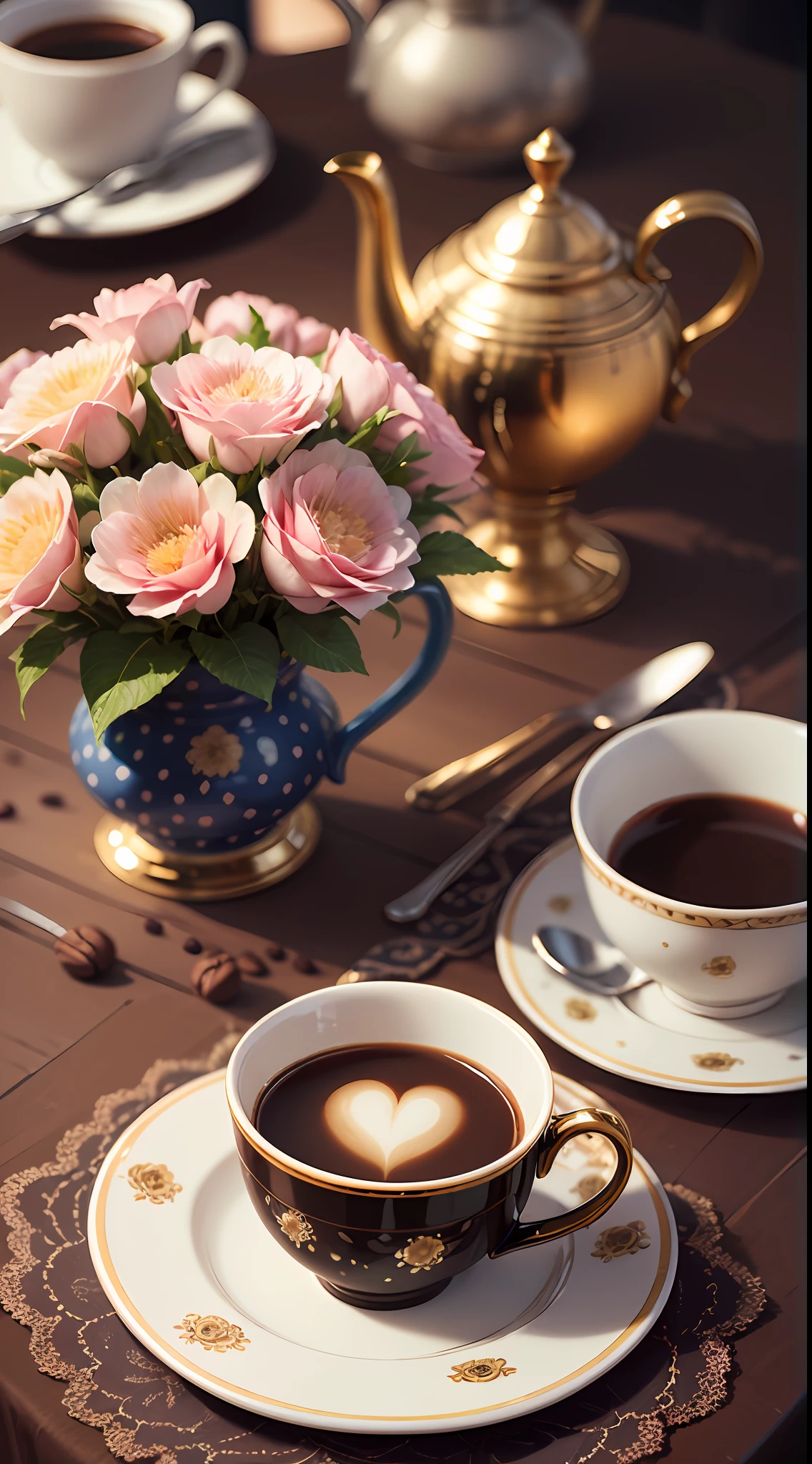 Coffee in a lovely gourmet cup, Good morning, floral print, daytime lighting, Flowers, Chic, sugar, Coffee BeansPrint Flowers, dessert, lace, crystals, Golden Lines, Professional, Realistic, Top Quality, tmasterpiece, polka dot tablecloth, Full color, a pastry --auto --s2