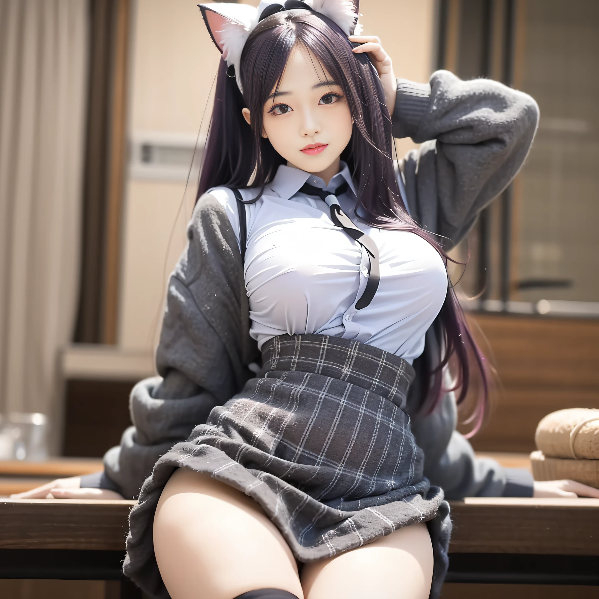 A seductive age cat girl with long, lavender-colored hair. She is wearing a white blouse and a plaid skirt. Her outfit highlights her curvaceous figure, especially her alluring bust. She exudes a captivating beauty that is both enticing and mysterious.