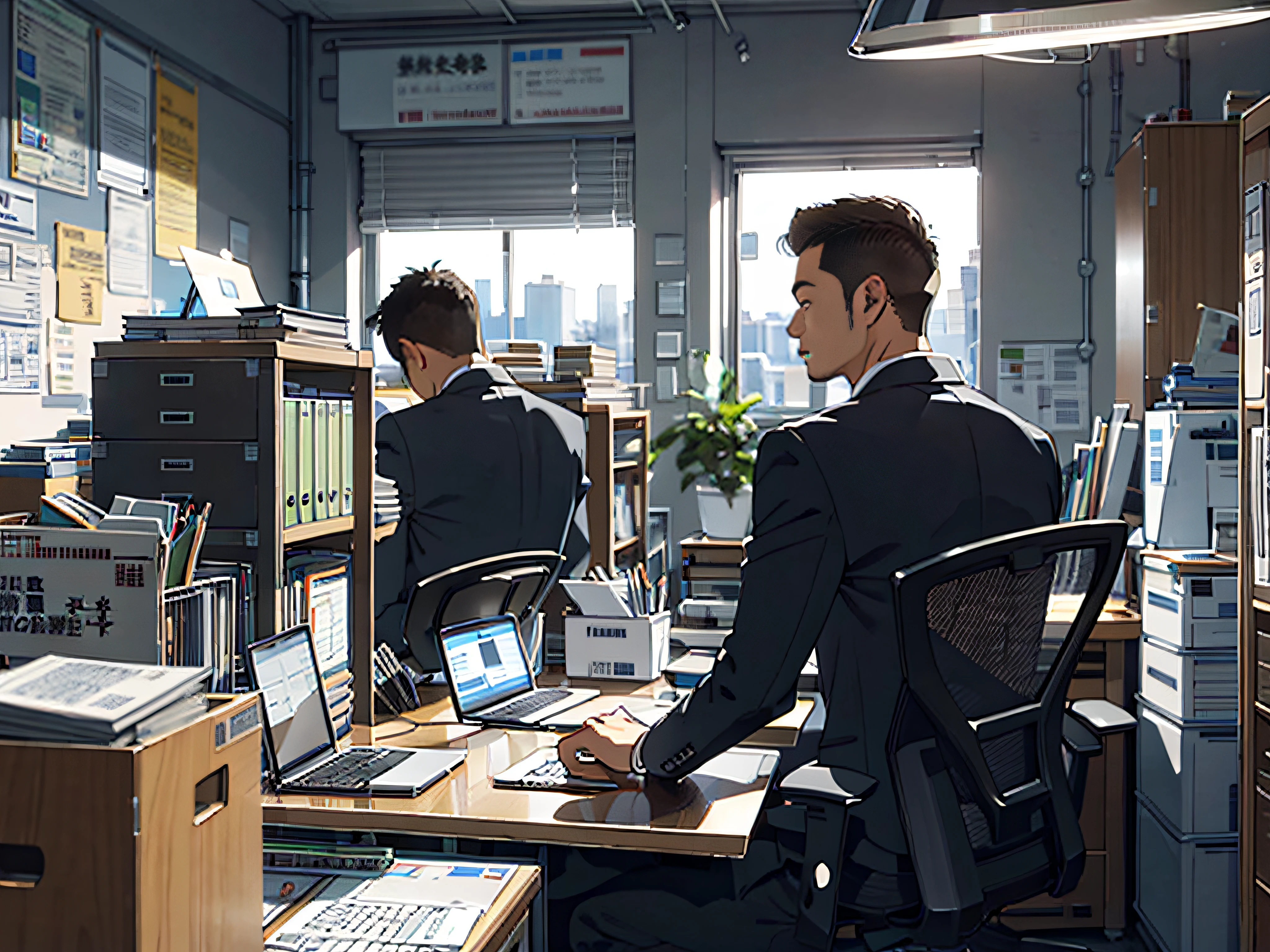 Behind the scenes of young businessman working in office in Tokyo
