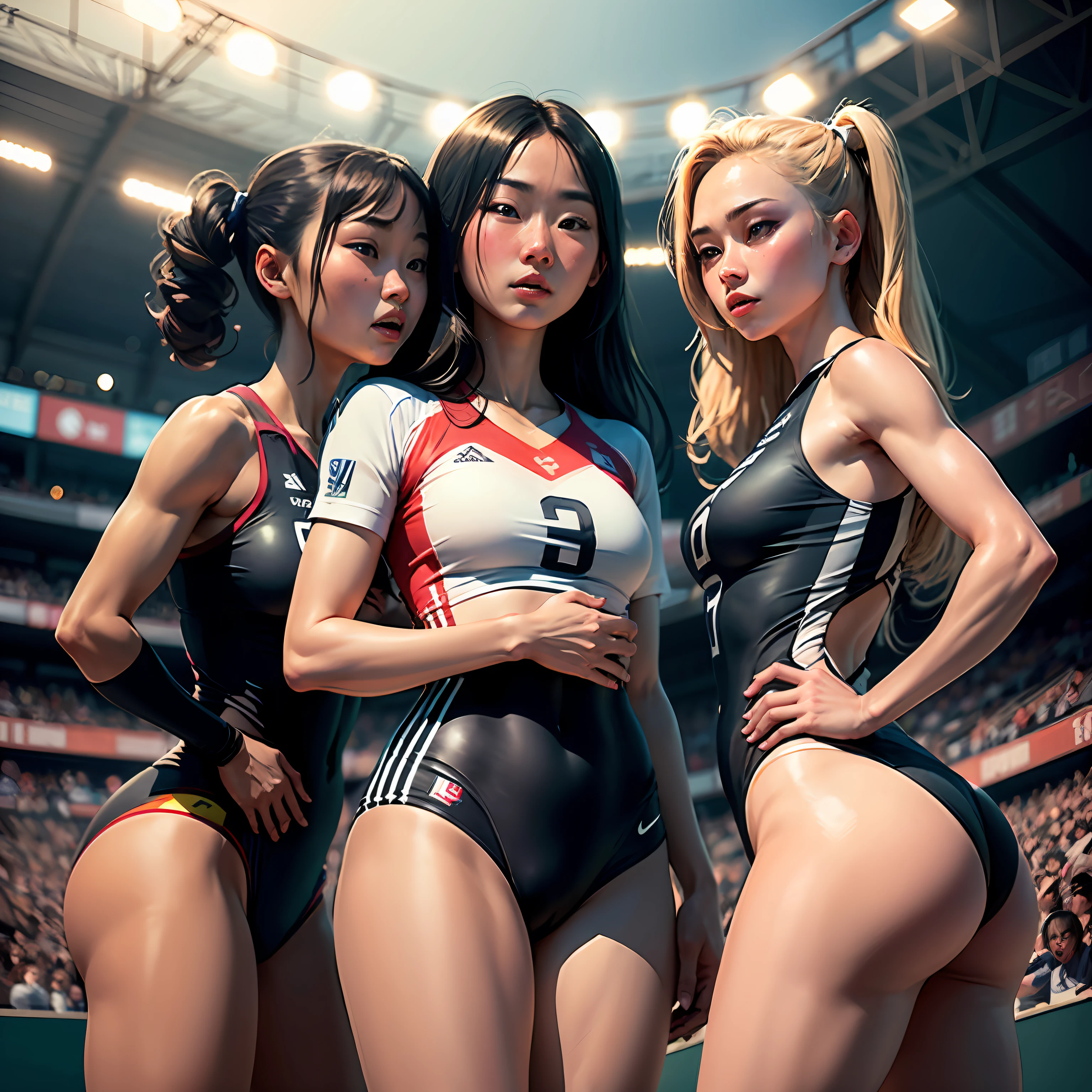 Five beautiful Chinese girls play volleyball,In the stadium,Against five American female athletes,4k,quadratic element,There are tennis nets and the Chinese team on the left and the United States on the right