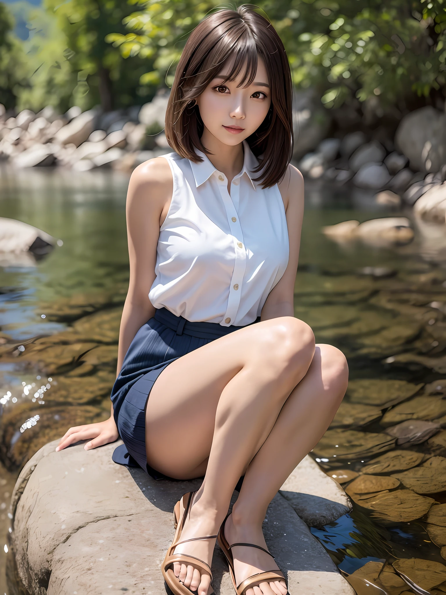 mastepiece, 1 girl per 1 photo, full body shot, front view, a Japanese young pretty girl, sitting alone by a river surrounded by mountains of a countryside of Japan, smile, glamorous figure, wearing a sleeveless light blue blouse with collared, wearing a light brown short culottes skirt, naked feet with low heels sandals, hyper cute face, glossy lips, double eyelids for both eyes, natural makeup, shiny smooth light brown hair of long bob hair, asymmetrical bangs, tanned skin, central image, 8K resolution, high detail, detailed hairstyle, detailed face, cinematic lighting, octane rendering, hyper realistic, perfect limbs, perfect anatomy