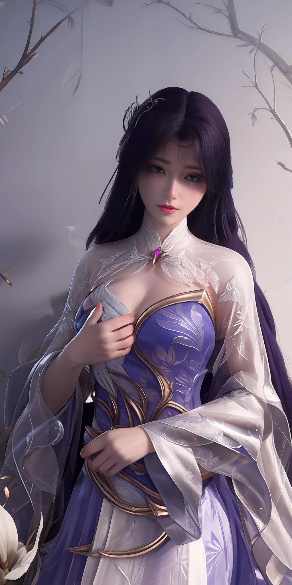 Best quality at best，highly  detailed，tmasterpiece，ultra - detailed，（fidelity：1.2），1个Giant Breast Girl，（white backgrounid），simple backgound，Elaborate Eyes，Silvery hair，a purple eye，hair_ornament，（white offshoulder shirt：1.3），Long hair，A coquettish expression，hair straight，，huge tit，